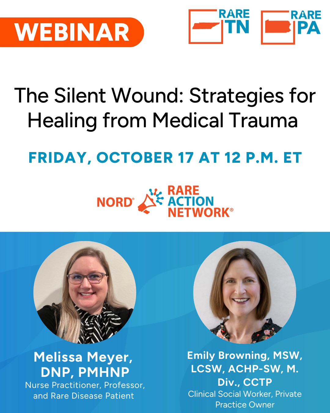 An image of two women promotes a medical trauma education workshop presented by the Rare Action Network and the National Organization for Rare Disorders.