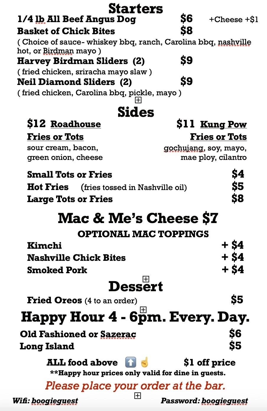 Menu — Boogie Knight's