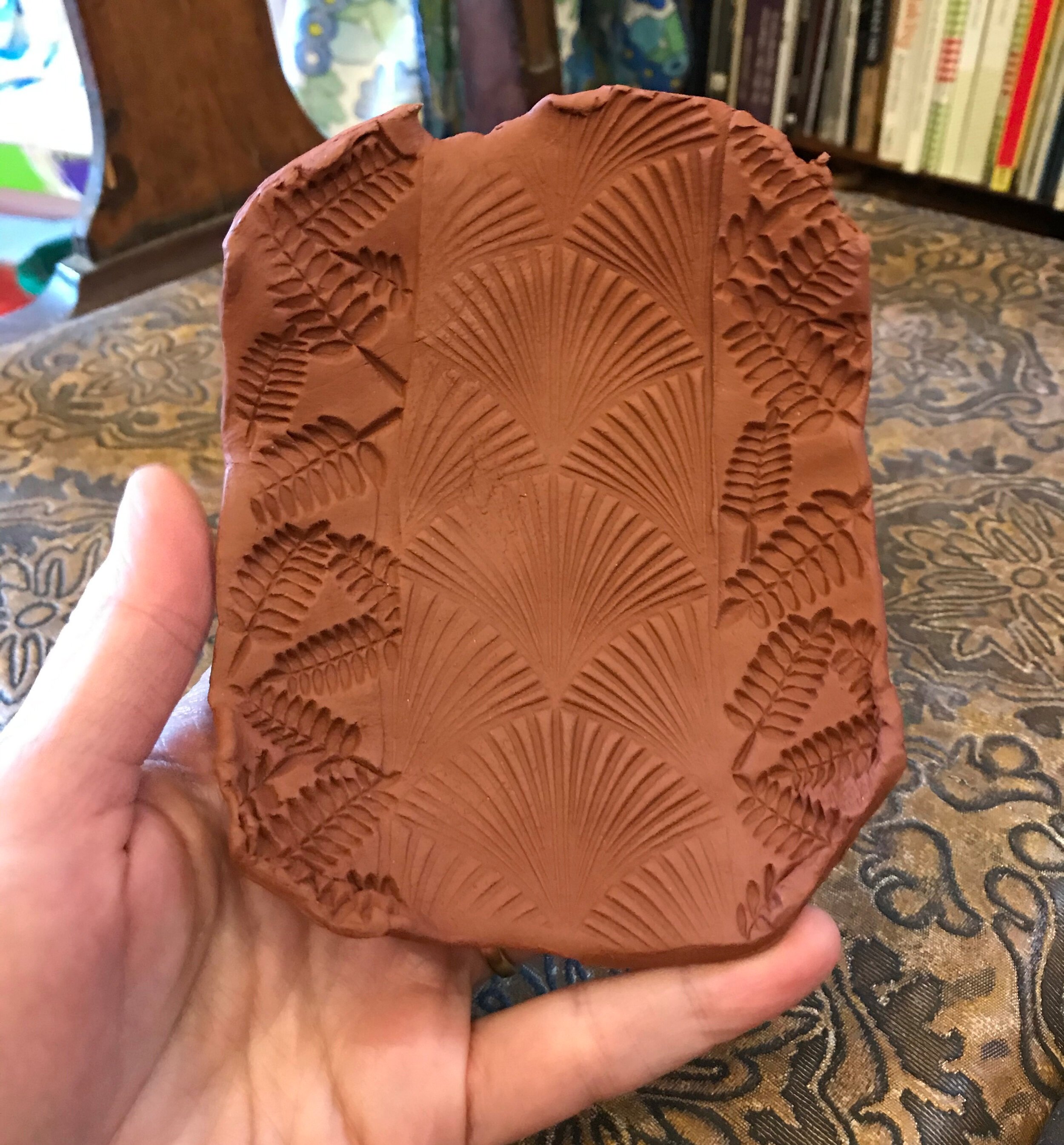 Most of my work is thrown on the wheel, but I love making small slab-built trays for soap dishes and snack plates.