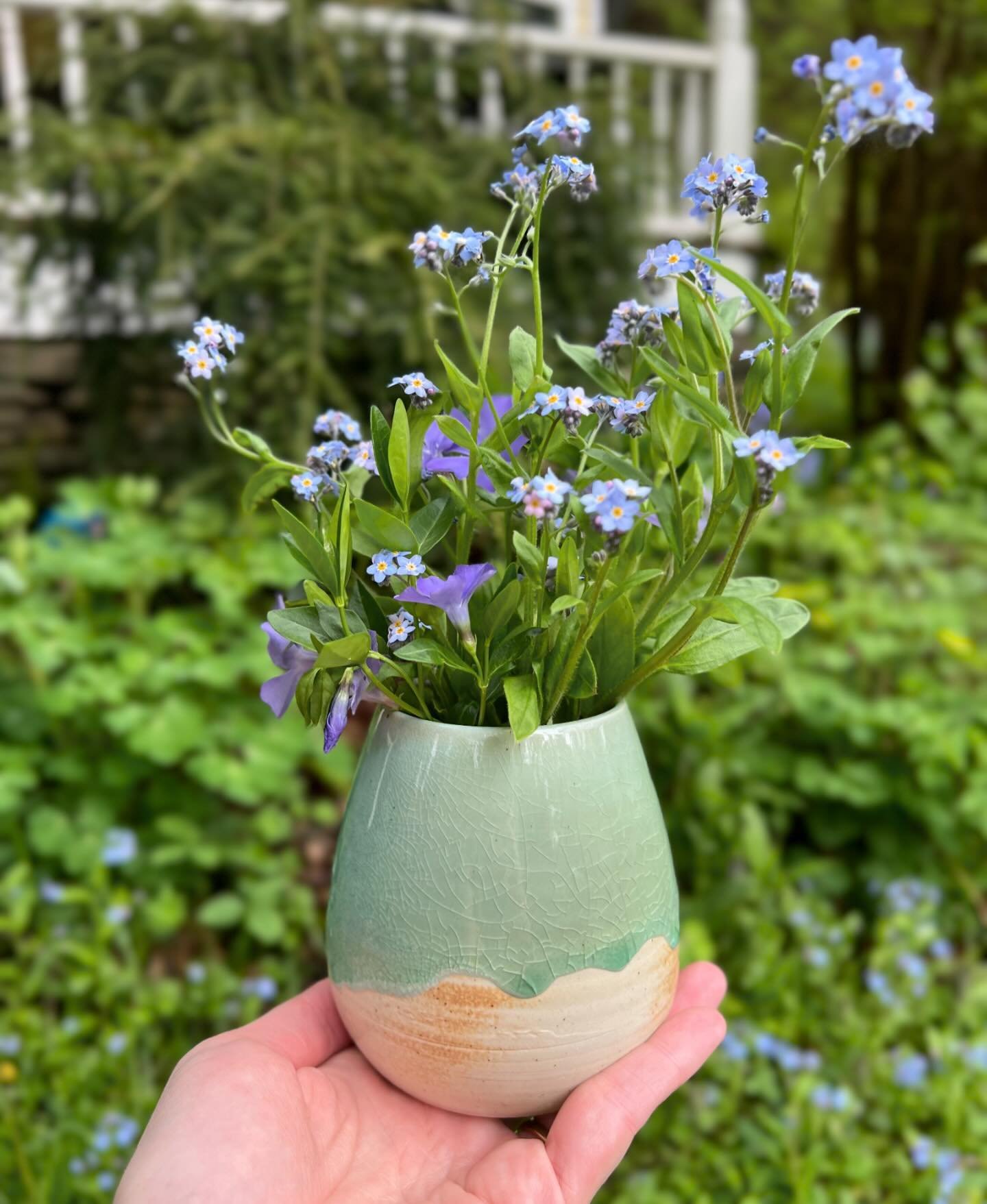 Forget-me-nots and periwinkle in a soda-fired bud vase.💜 Zoom in for the sweet crackle.

#budvase #wildflowers #bluepottery #catskills #sullivancatskills #upstateny