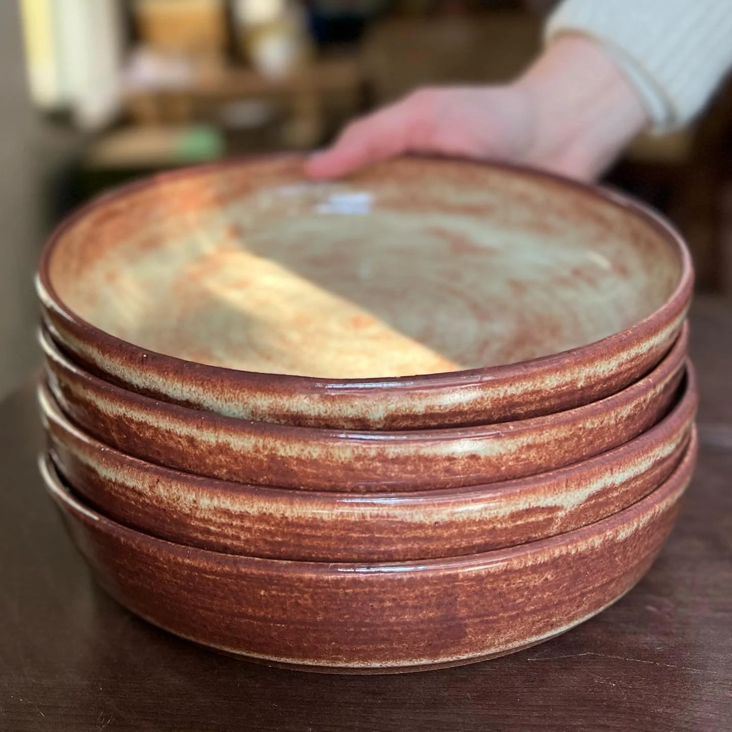 Hi friends, I’m getting started on a new batch of pasta bowls—the perfect low, wide bowl/plate hybrid. These are around 8.5” in diameter and 2” tall. Available in shino, blue-green speckle, and other colors by request. The bow