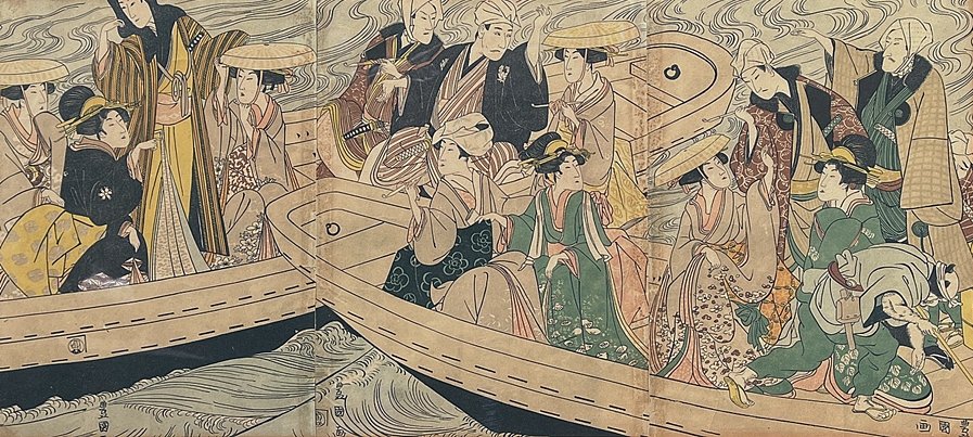  UTAGAWA TOYOKUNI I (1769-1825) River Crossing 11 1/2" x 25" 