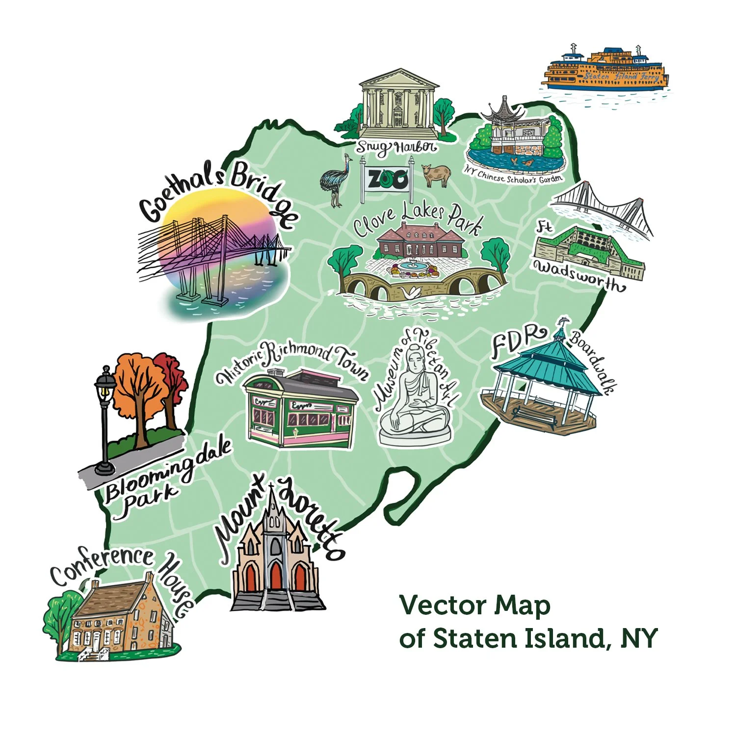 Vector Illustrated Map of Staten Island, NY