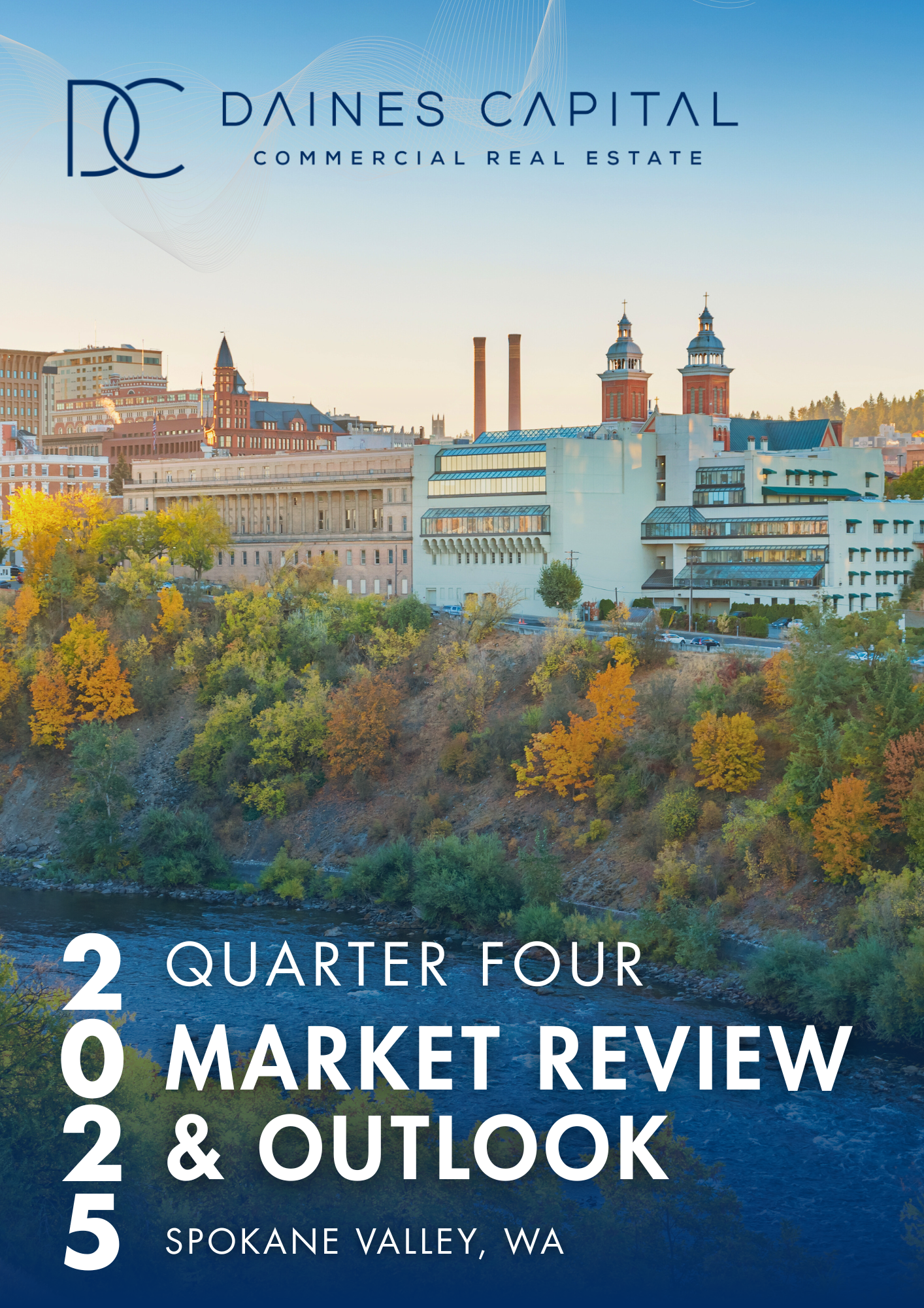 Cover page of a market review report with a cityscape of Spokane Valley, Washington, featuring buildings and autumn trees by a river, and text indicating it's a 2022 market review and outlook for the second quarter.