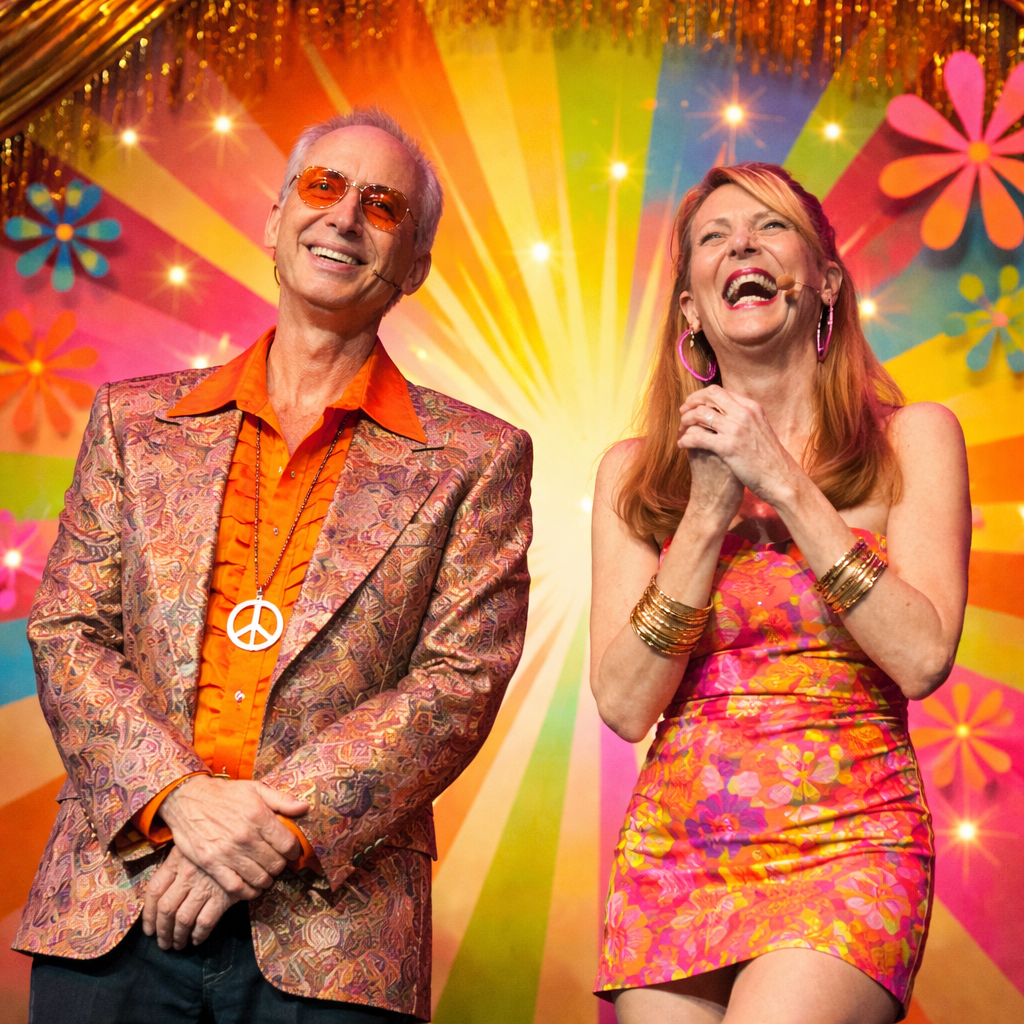 Two Performers dressed in retro outfits for a performance on stage