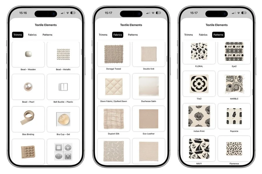 Also access to an entire Textile Elements library such as trimms, Fabrics and Patterns