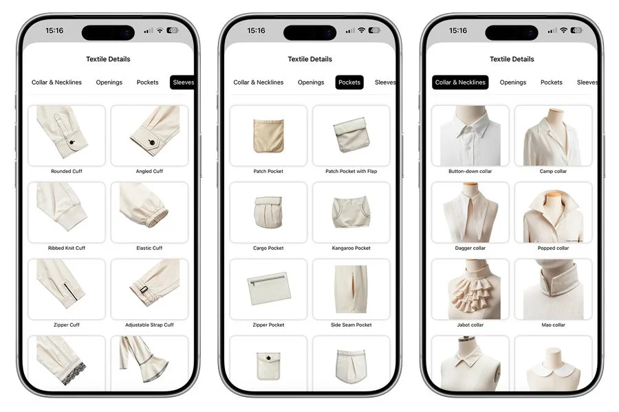 Access the most detailed fashion library ever integrated into an app, covering all essential elements of fashion creation.