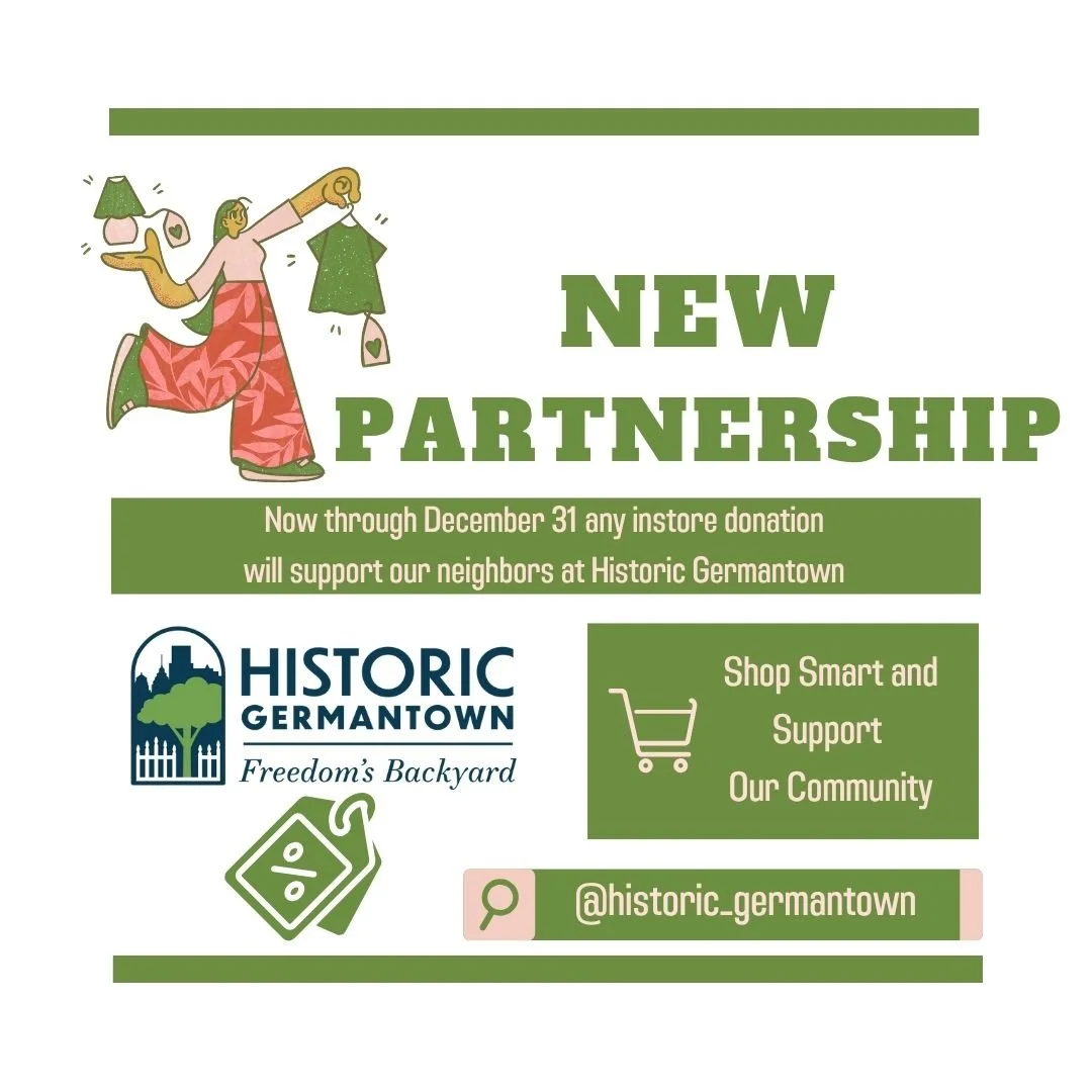 We're happy to announce our next local partnership with @historic_germantown 🍂💚 Now through Dec. 31st, anything you donate in-store will help benefit Historic Germantown. So while you declutter, you&rsquo;re helping keep our community&rsquo;s stori
