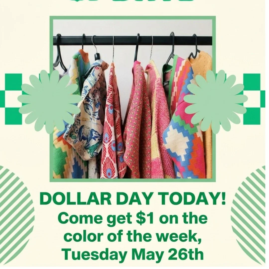 Since we were closed for a refreshing vacation yesterday, Dollar Day is now on Tuesday! Come in today for $1 on the color tag of the week. 

#bargains #socheap #thrifting