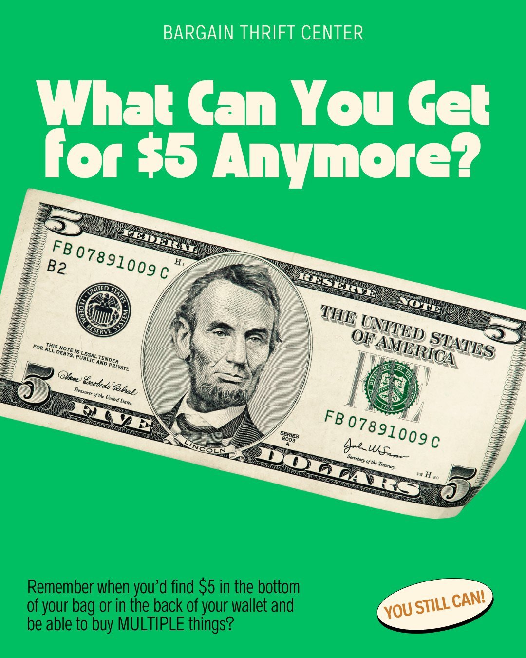 You know that feeling when you find $5 hiding in an old bag or wallet? 👀

At Bargain Thrift Center, that can turn into a whole little haul. From clothing to household items and other low-cost finds throughout the store, a few dollars can go a long w