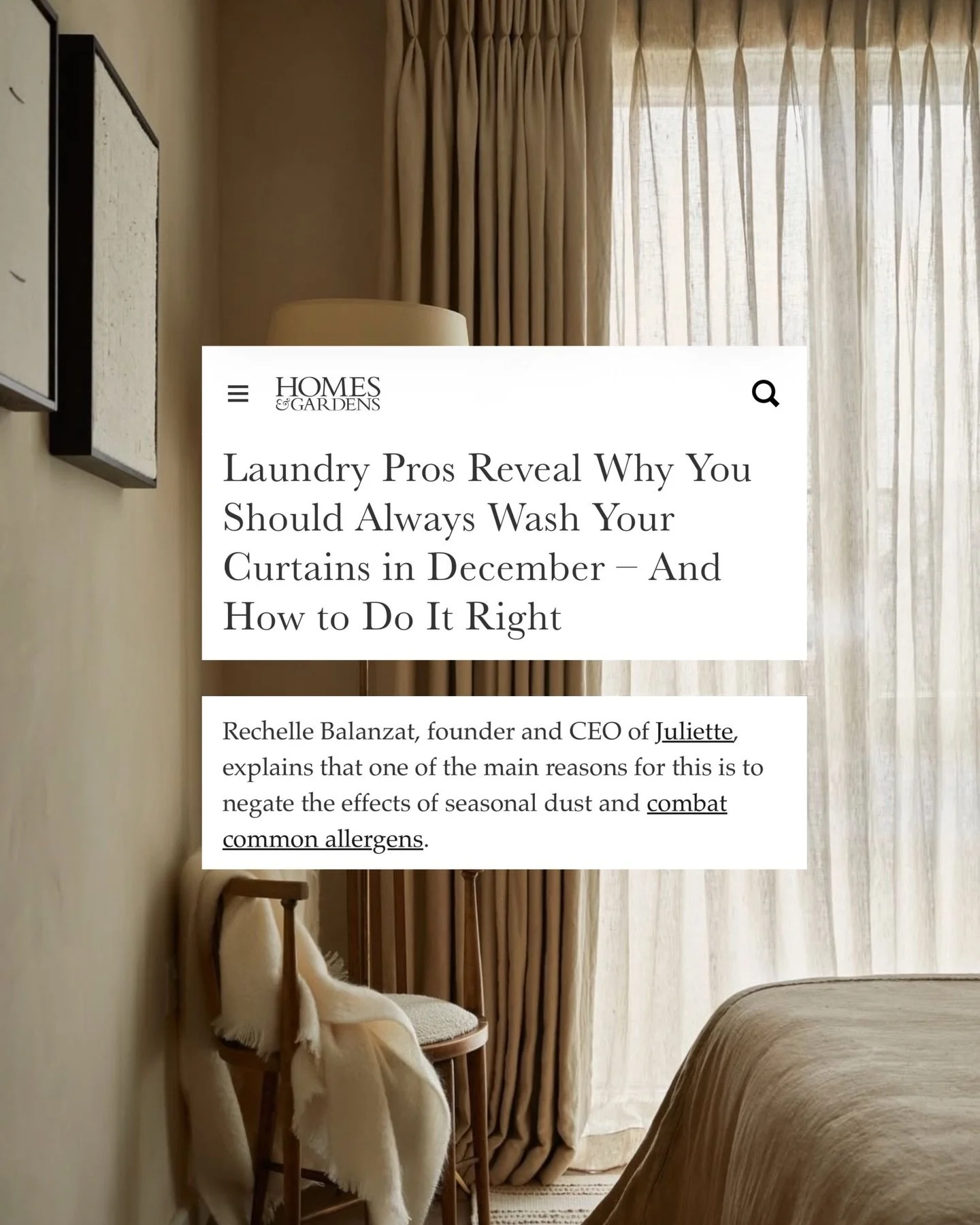 Clean curtains are the quiet luxury no one talks about.

We were featured in Homes and Gardens sharing why December is the moment to wash your curtains and how to do it right. Less dust. Fewer allergens. A fresher home for winter hosting and cozy nig