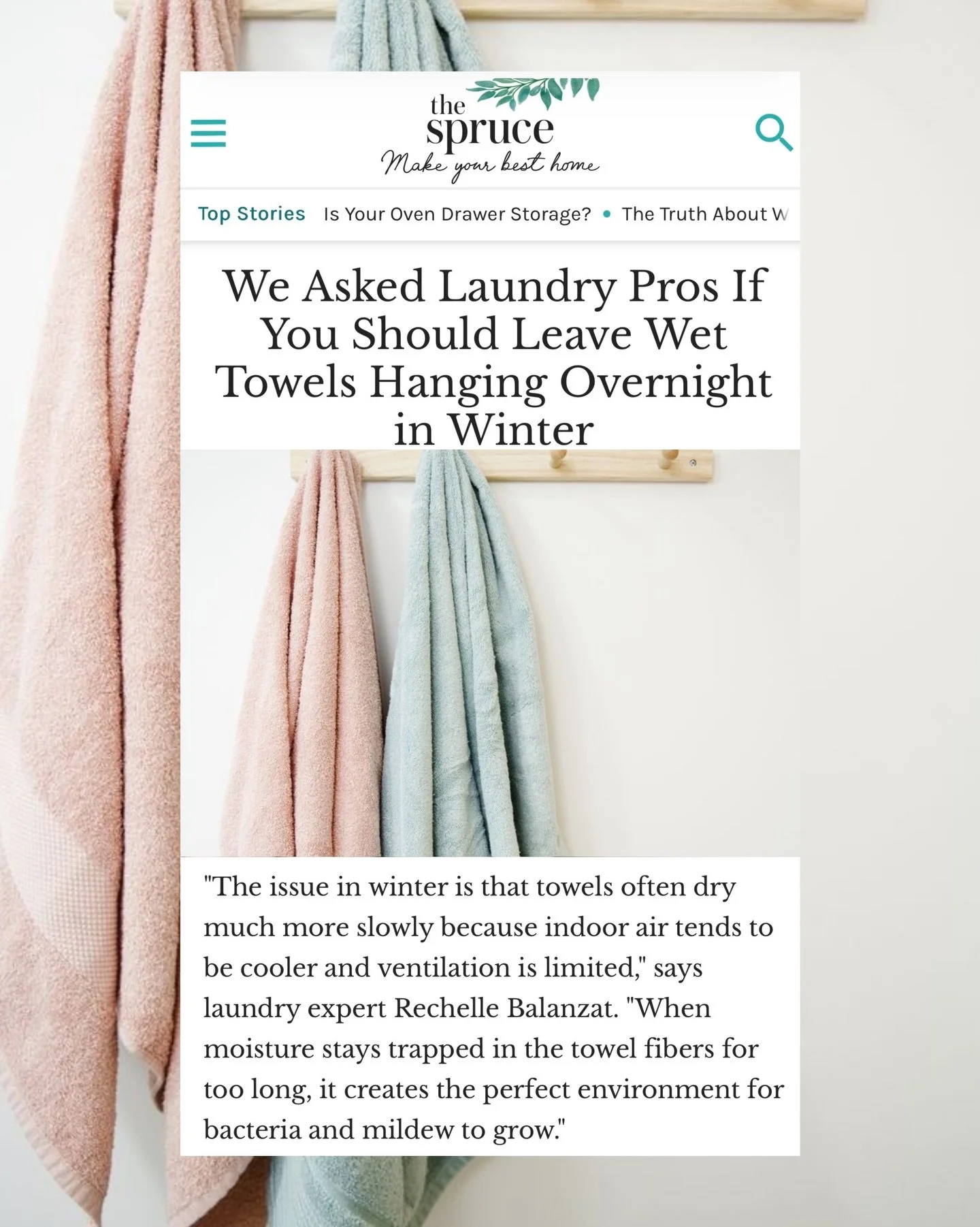 Winter towels deserve better.

We asked the question everyone thinks about but no one Googles until it smells. Should you leave wet towels hanging overnight in winter?

As quoted in The Spruce, our founder Rechelle Balanzat explains why slower drying