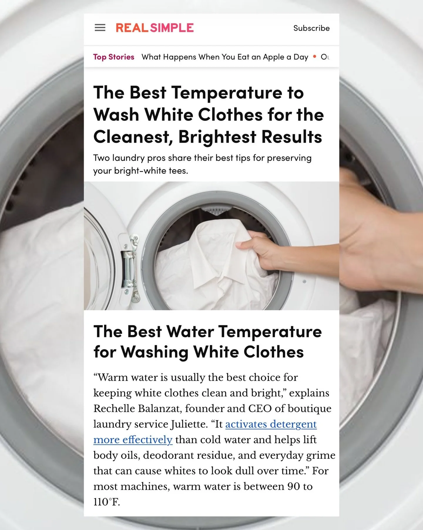 White tees are not basic. They&rsquo;re an investment.

Featured in Real Simple, our founder Rechelle Balanzat breaks down the exact temperature that keeps whites crisp, clean, and actually white.

Hint. Warm water wins. It activates detergent proper