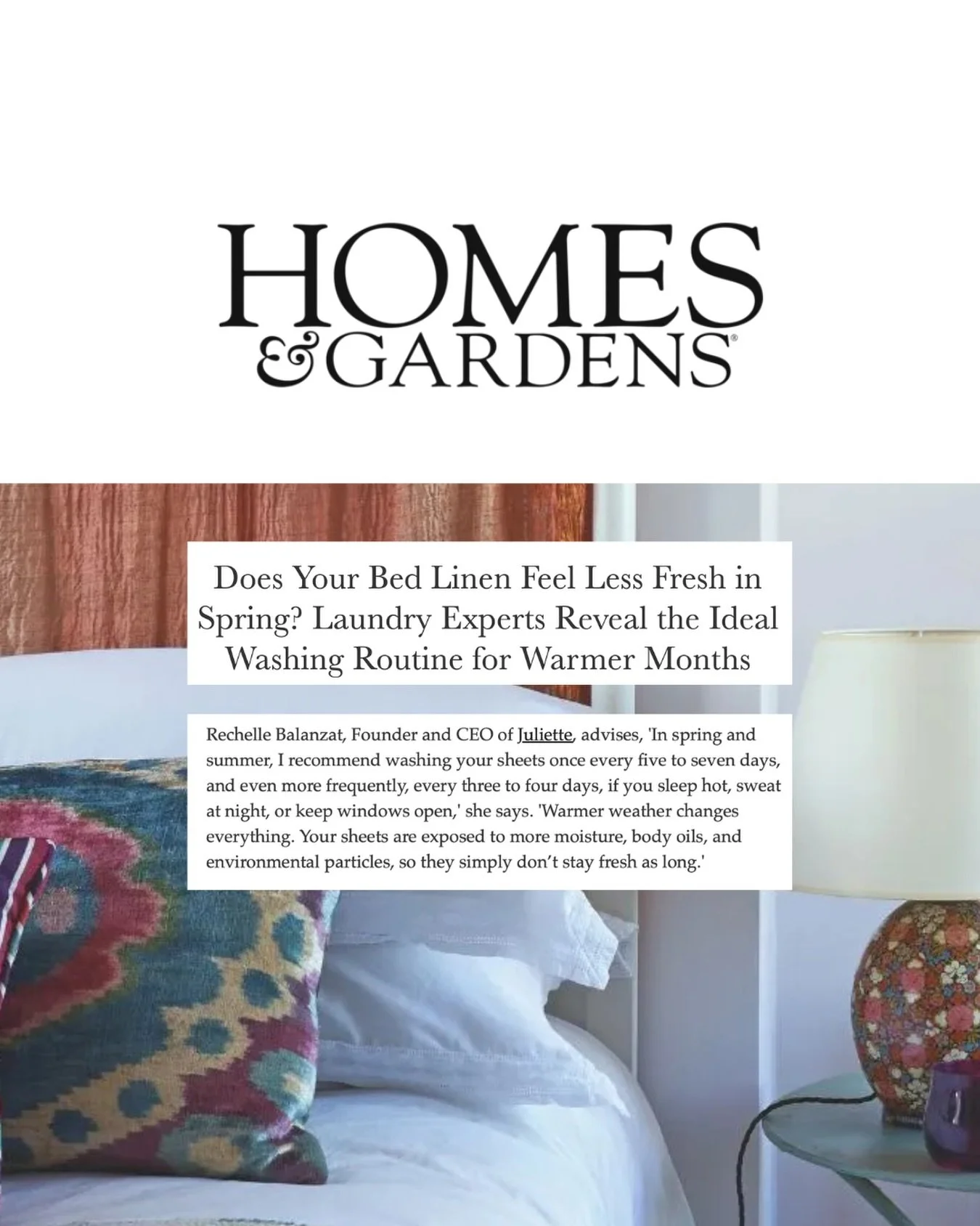As seen in Homes &amp; Gardens ✨

Our founder, Rechelle Balanzat, shares her expert insight on keeping your bed linens fresh through the warmer months. As temperatures rise, so do moisture, body oils, and environmental particles, which means your she