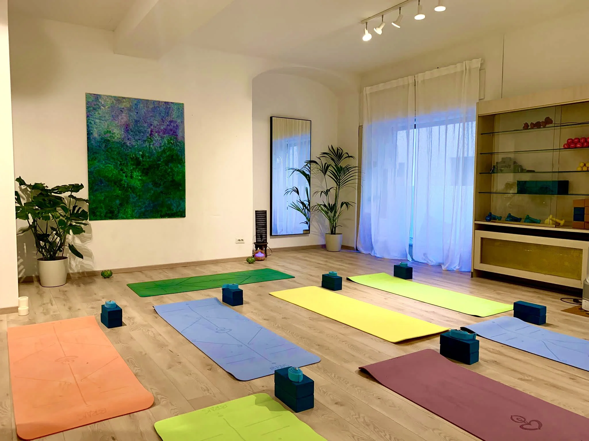 Yoga mats in various colors arranged on a wooden floor in a bright, spacious room with white curtains, plants, and a tall mirror.