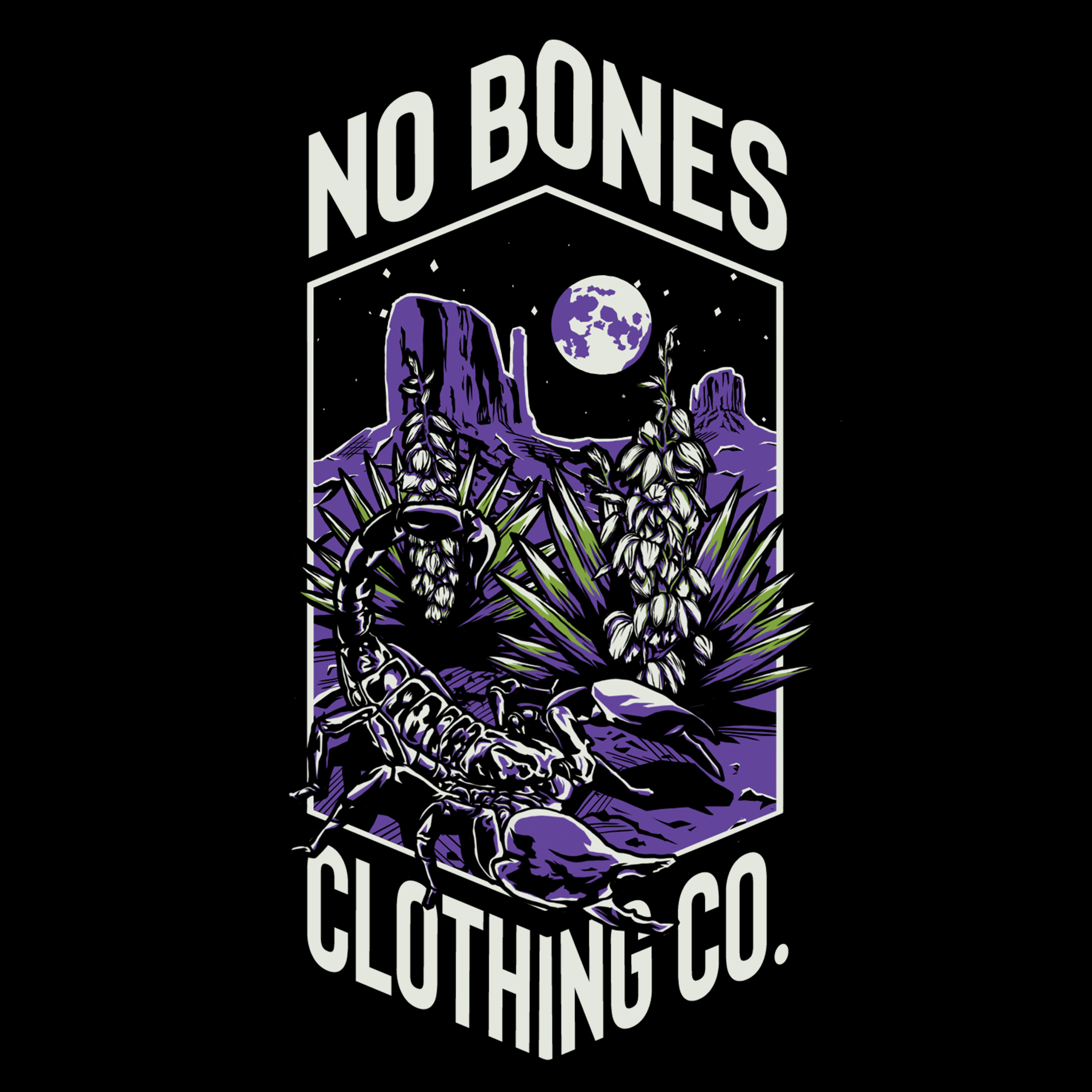 Graphic logo for No Bones Clothing Co. with a desert scene under a full moon, featuring rocks, cacti, and a scorpion.