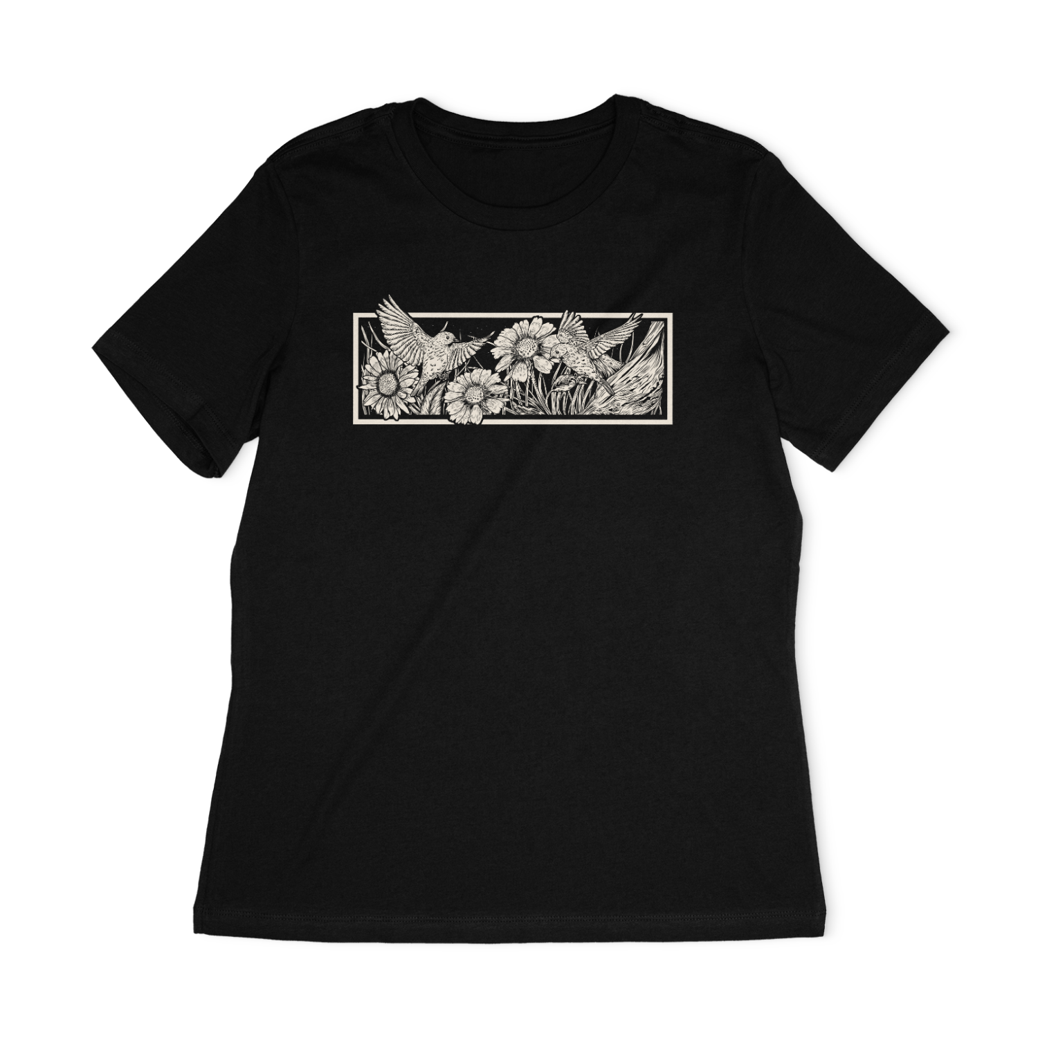 Summer Birds Black Mock-It-Bella + Canvas 6400 Relaxed Women's T-Shirt.png