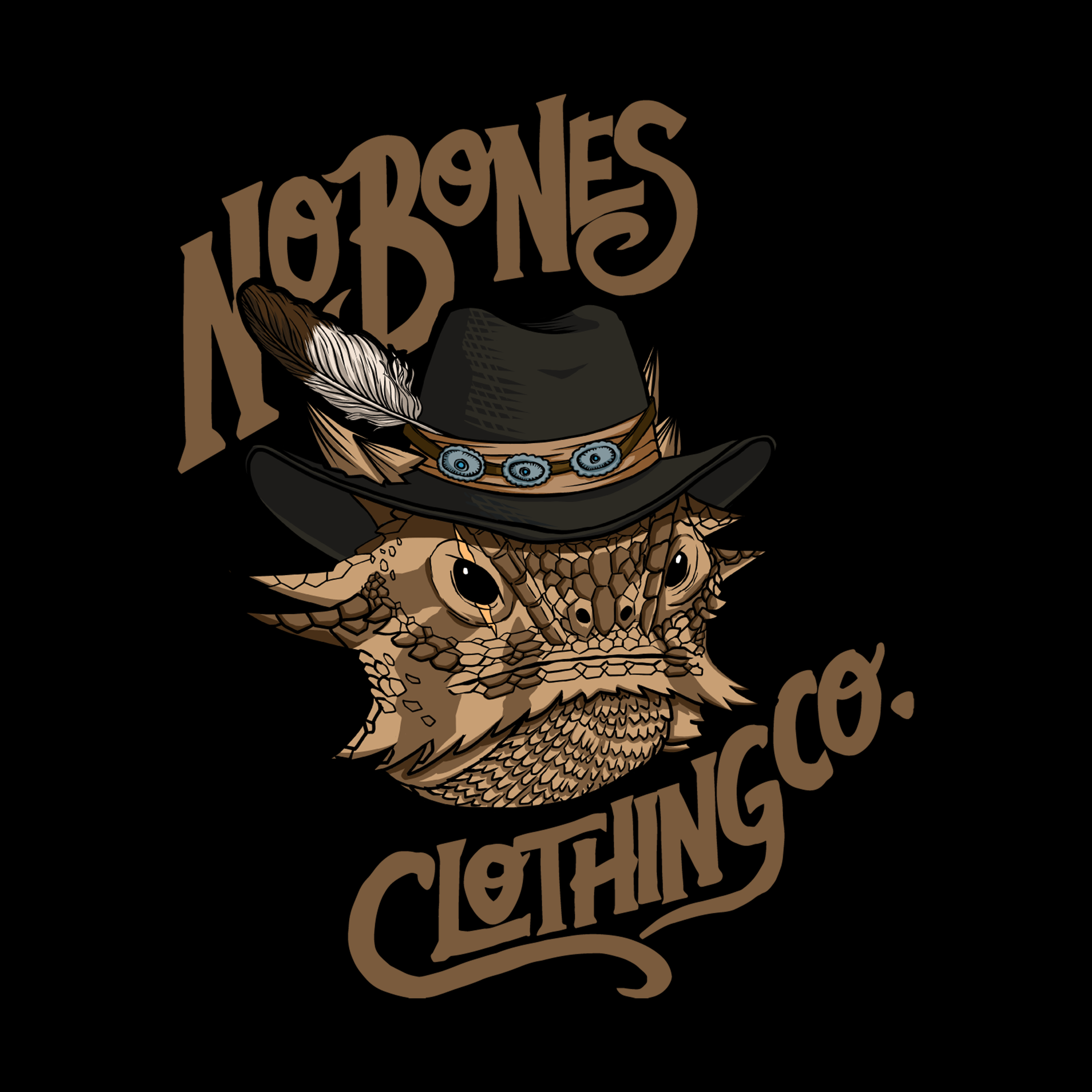 Illustration of an owl wearing a cowboy hat with feathers and a beaded band. The owl's face is detailed with textured feathers. Above the owl, the text reads "Nobones" and below it, "Clothing Co." in stylized brown lettering.