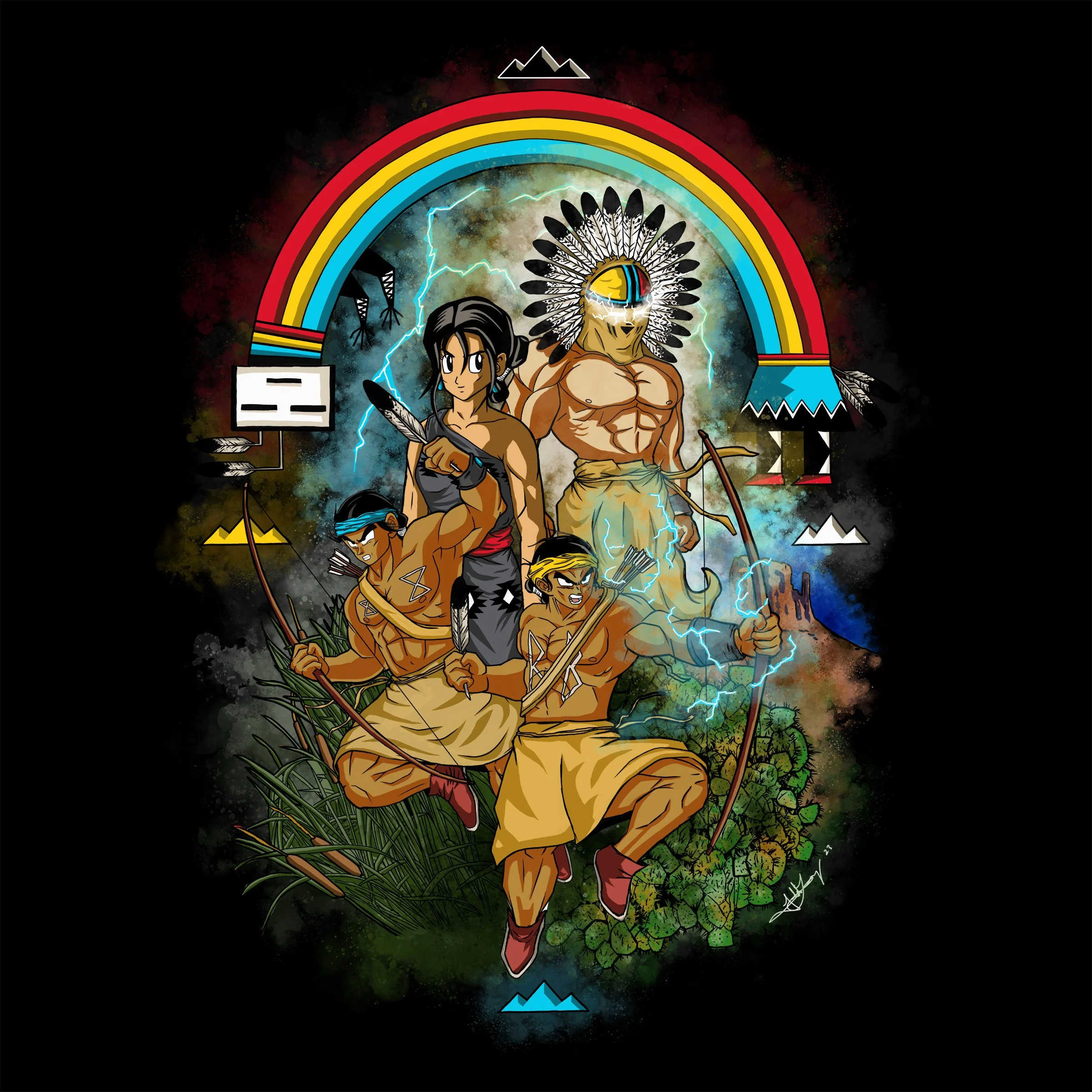 A colorful, stylized illustration of Native American warriors and figures with a rainbow and lightning in the background, set against a black backdrop.