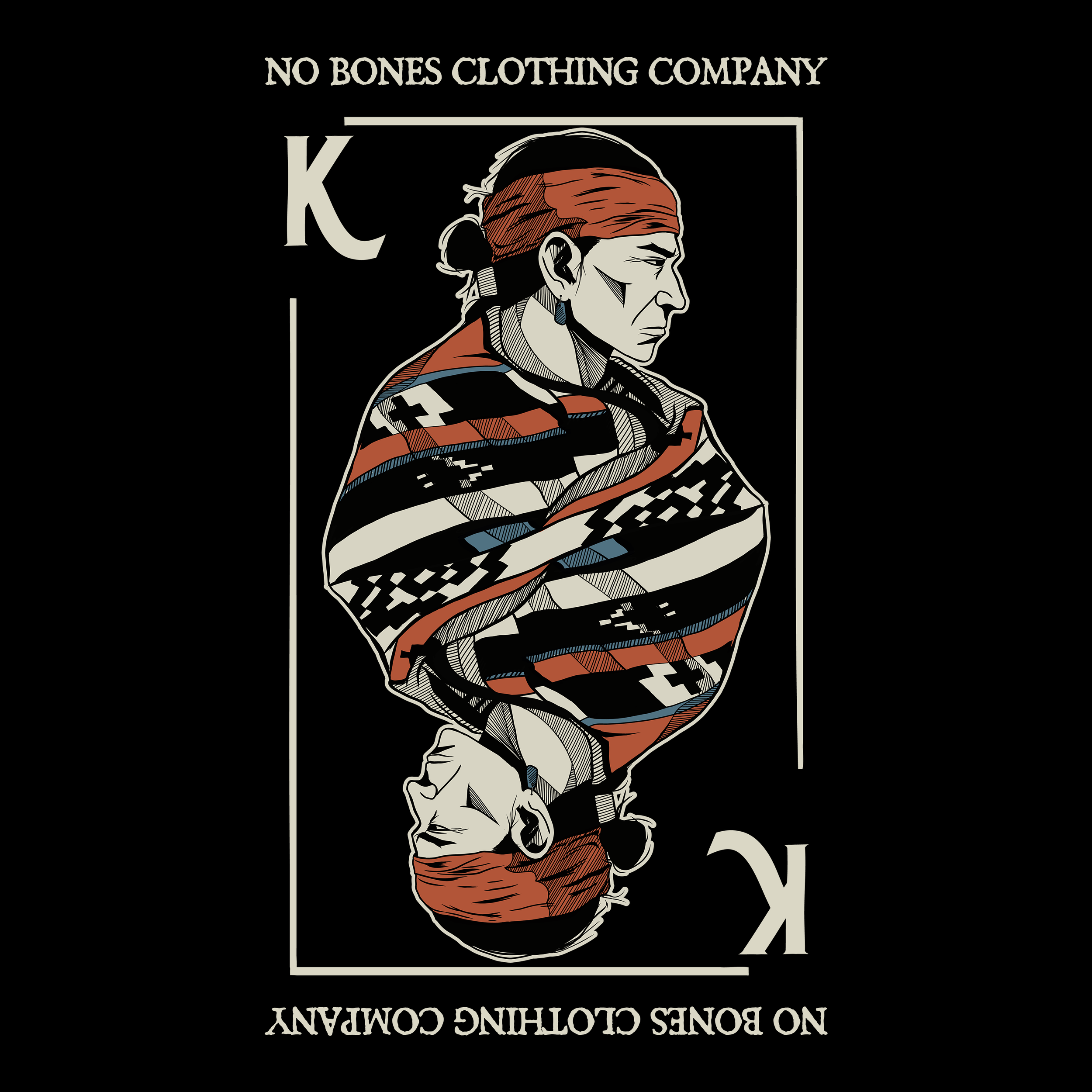 An illustrated playing card with two versions of a Native American man, one upright and one upside down, wearing a red headband and a patterned blanket, with the text "No Bones Clothing Company" at the top and bottom.