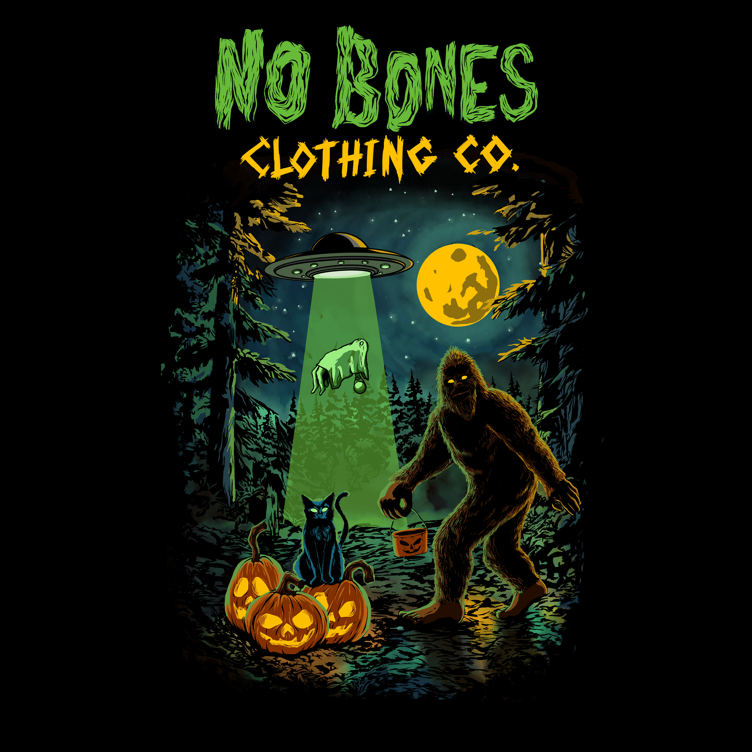 A spooky Halloween-themed illustration with a large werewolf holding a pumpkin basket, surrounded by carved pumpkins, a black cat, a UFO beaming green light, a ghost, a full moon, and dark forest trees.