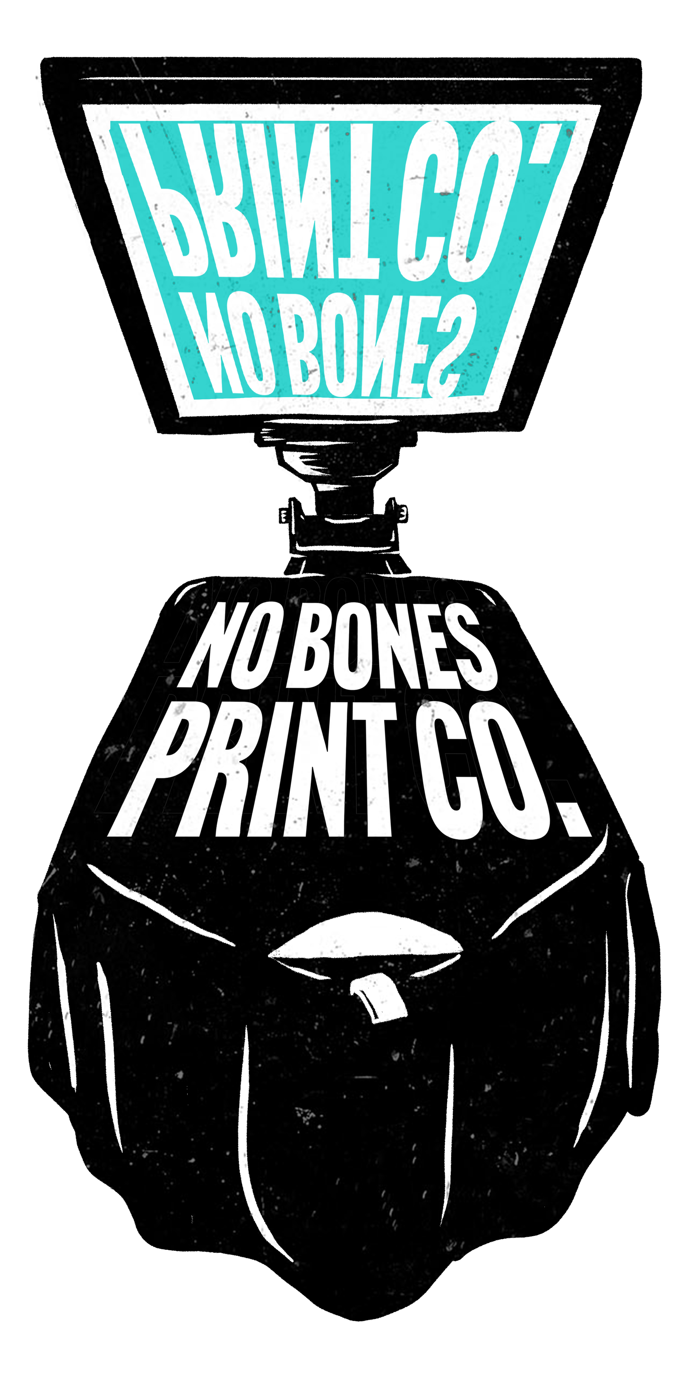 A stylized illustration of a lantern with text inside a blue box, reading 'BRANCH CO NOT BONE?', with the lantern base displaying the words 'NO BONES PRINT CO.'.