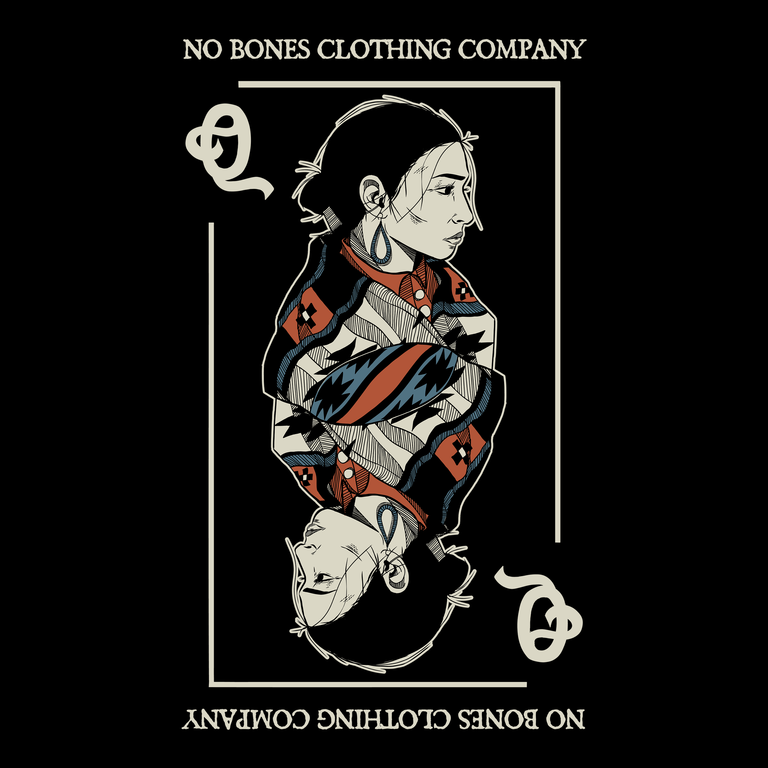 A stylized illustration of a woman holding a football, with her reflection shown upside down, framed by a playing card design. The image features the text 'NO BONES CLOTHING COMPANY' at the top and bottom.