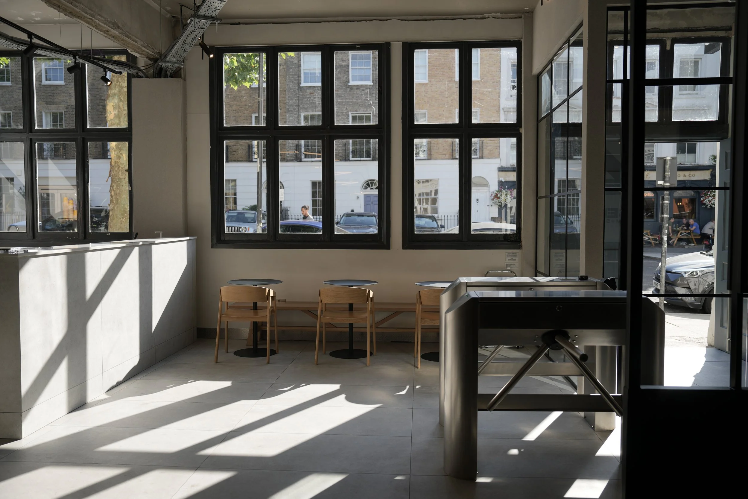 Nutrition bar and social hub area in a North London gym where members enjoy coffee and protein smoothies