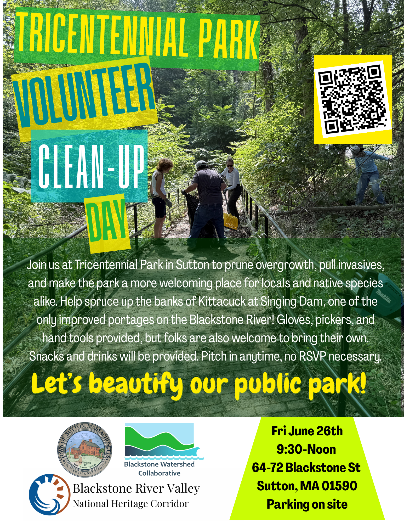 digital flyer reading: TRICENTENNIAL PARK CLEAN-UP DAY on the image of three people on a walking bridge putting leaf debris into a garbage bag. They are surrounded by woods. There is a QR code leading to this page and the text of this post below.