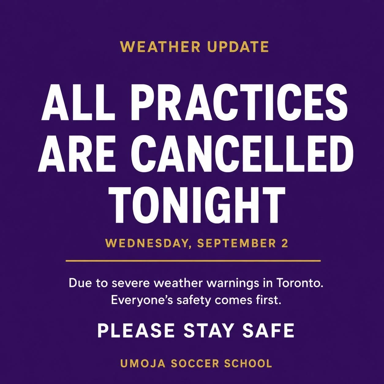 ⚠️ All practices scheduled for tonight, Wednesday, September 2, have been cancelled due to severe weather warnings in Toronto.

We apologize for the short notice. Everyone&rsquo;s safety comes first. Please stay safe! 💜