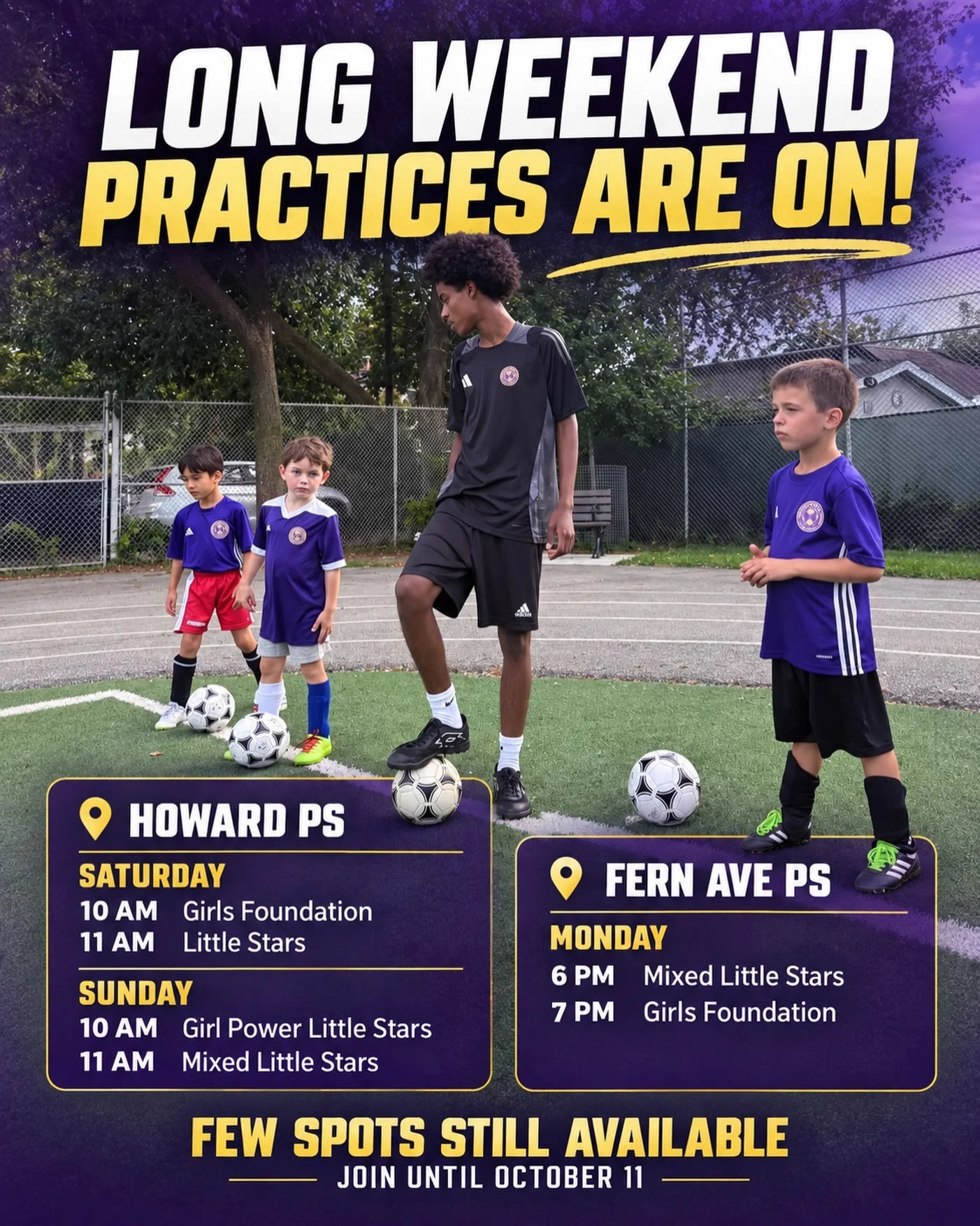 Staying in Toronto this long weekend? Practices are ON! ⚽💜

📍 Howard PS
Saturday
⚽ 10 AM &mdash; Girls Foundation
⭐ 11 AM &mdash; Little Stars

Sunday
💜 10 AM &mdash; Girl Power Little Stars
⚽ 11 AM &mdash; Mixed Little Stars

📍 Fern Ave PS
Monda