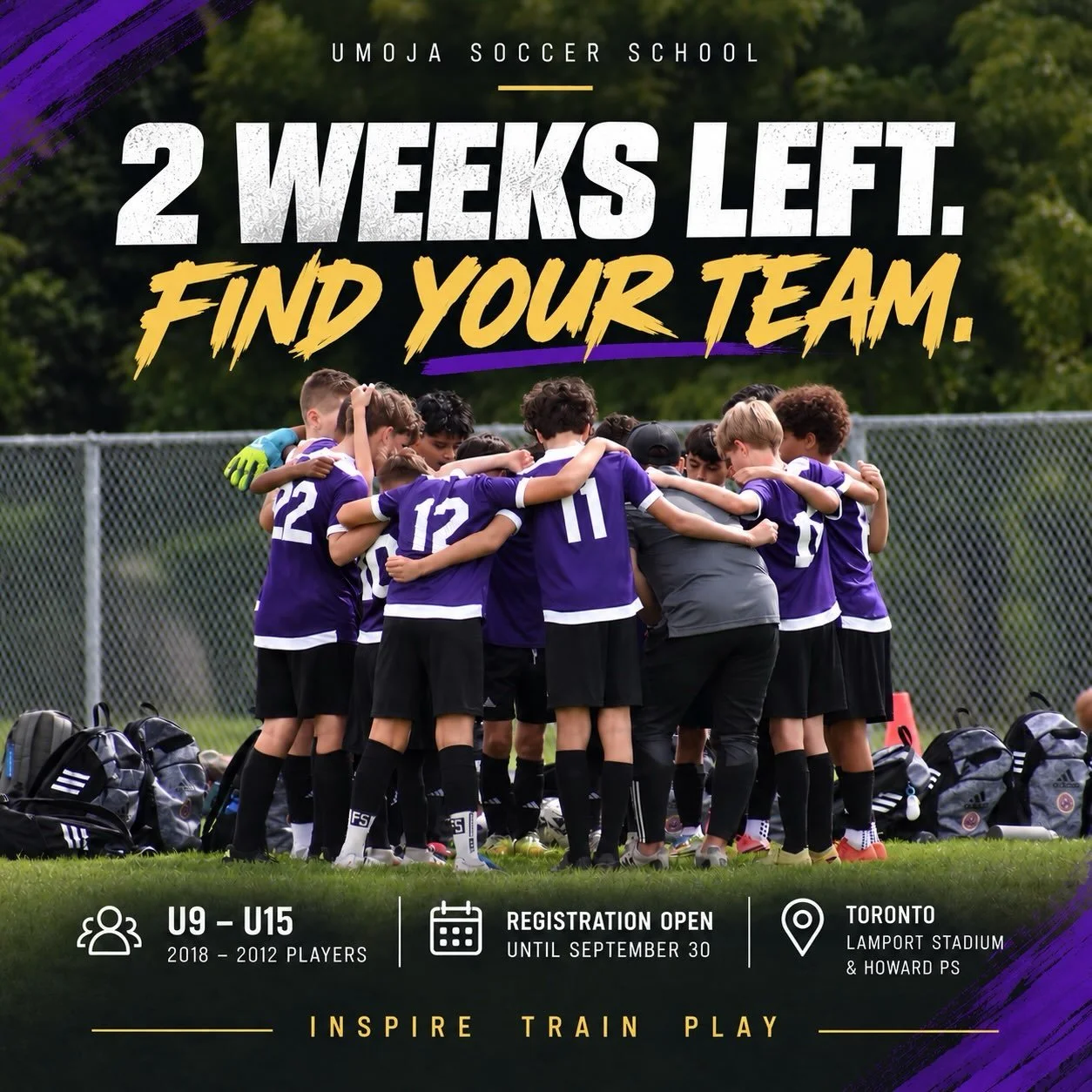 2 WEEKS LEFT. ⚽️💜

The final two weeks of tryouts are here.

We&rsquo;re looking for players ready to train, compete, develop, and be part of Umoja Soccer School.

Tryouts are open for:
U9 &bull; U10 &bull; U11 &bull; U12 &bull; U13 &bull; U14 &bull