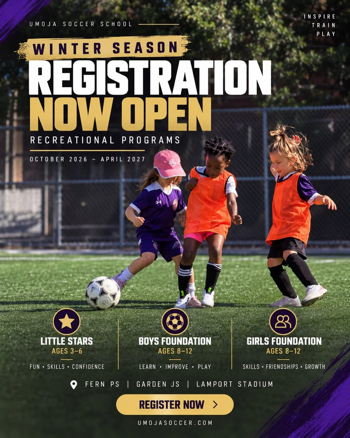 WINTER REGISTRATION IS NOW OPEN! ⚽️❄️

Join us for the 2026/27 Indoor Season and keep playing, learning, and developing all winter long.

⭐ Little Stars | Ages 3&ndash;6
⚽ Boys Foundation | Ages 8&ndash;12
⚽ Girls Foundation | Ages 8&ndash;12

📍 Fer