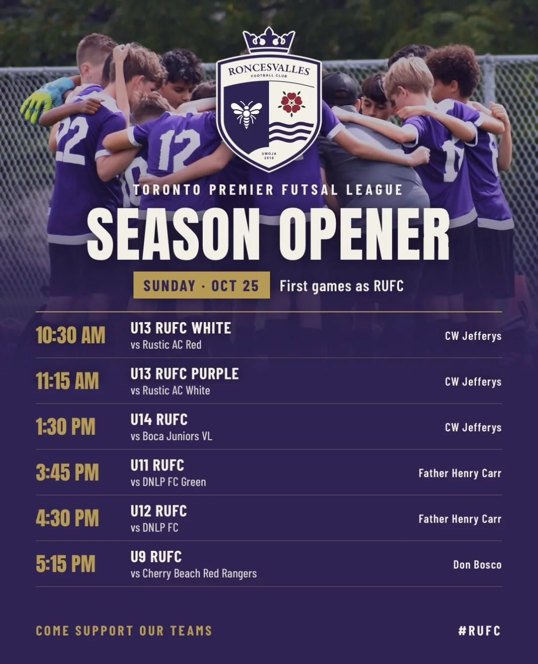 A new name. A new season. A new chapter. 💜💛

This Sunday our teams kick off the Toronto Premier Futsal League season, and it's our first time on the field as Roncesvalles Umoja FC! 🐝🌹

Families, friends and neighbours: come out, bring the noise a