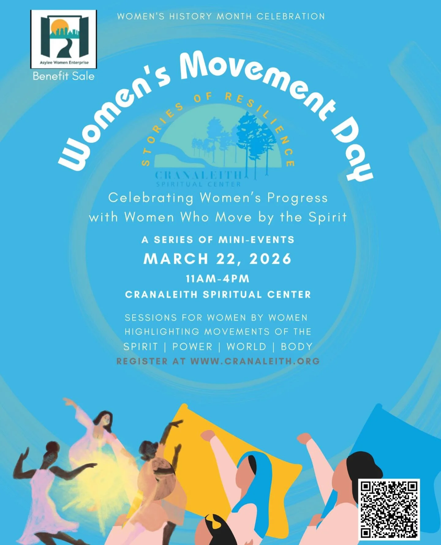 A Celebration of Women&rsquo;s Day at Cranaleith Spiritual Center on March 22nd, with a series of mini-events celebrating Women&rsquo;s Progress by Women who move through the Holy Spirit! Join us from 11 am-4 pm. Details in the flyer, or scan the QR 