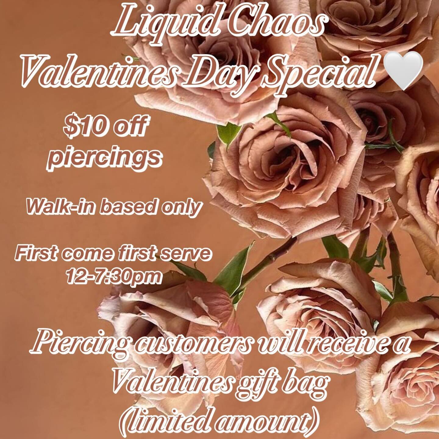 &bull; @kaymckeen &bull;
Kayla will be running a special offer for Valentine&rsquo;s day only! Come in and receive $10 your piercing as well as a gift bag for the holiday!

Shop Info / Appointments
734-479-2420 &bull; liquidchaostattoos.com
&mdash; &