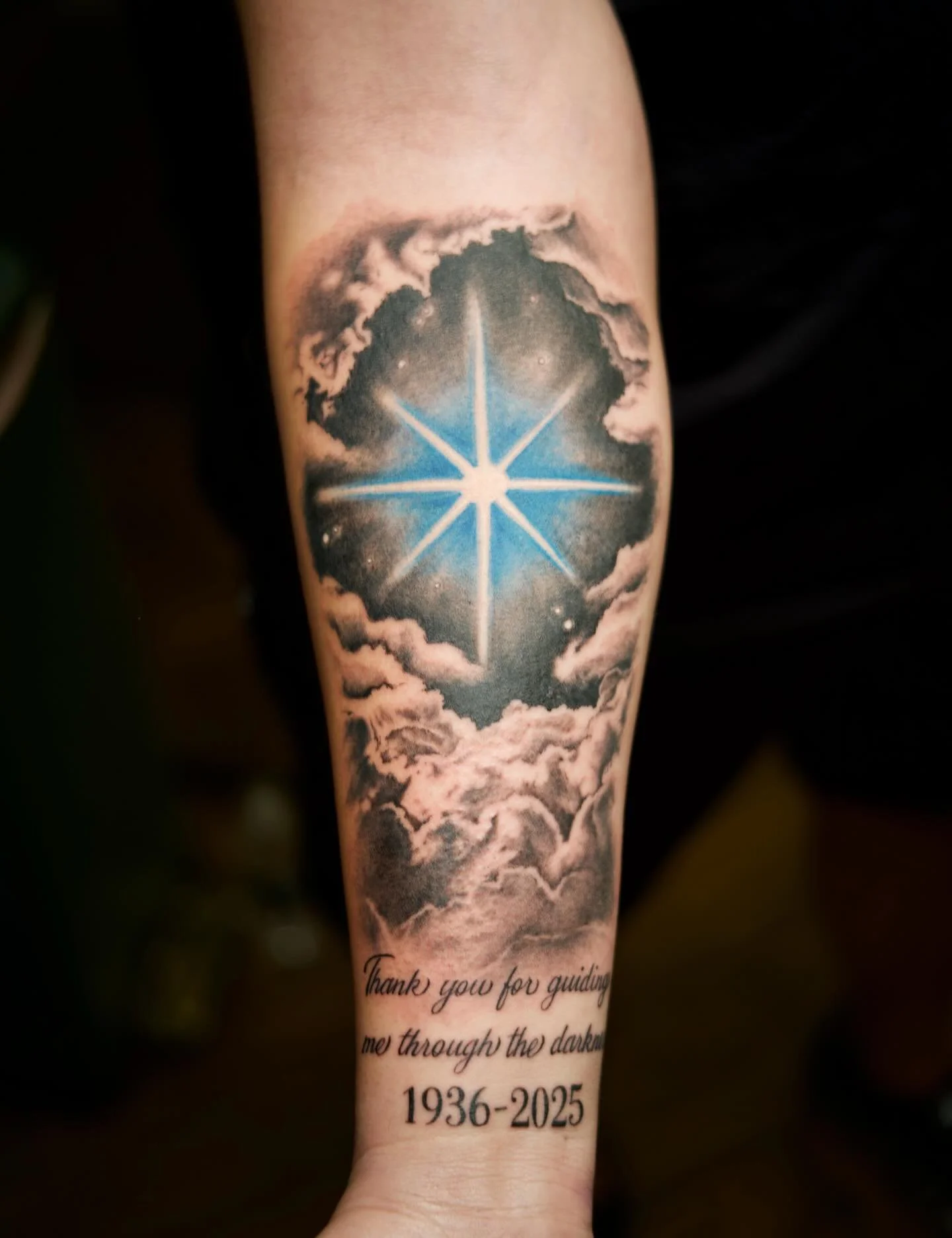 Night sky memorial tattoo for Ross!! Had fun with this one! Would love to tackle bigger projects this year! #tattoo #tattooartists #blackandgreytattoo #tattooshop #ink