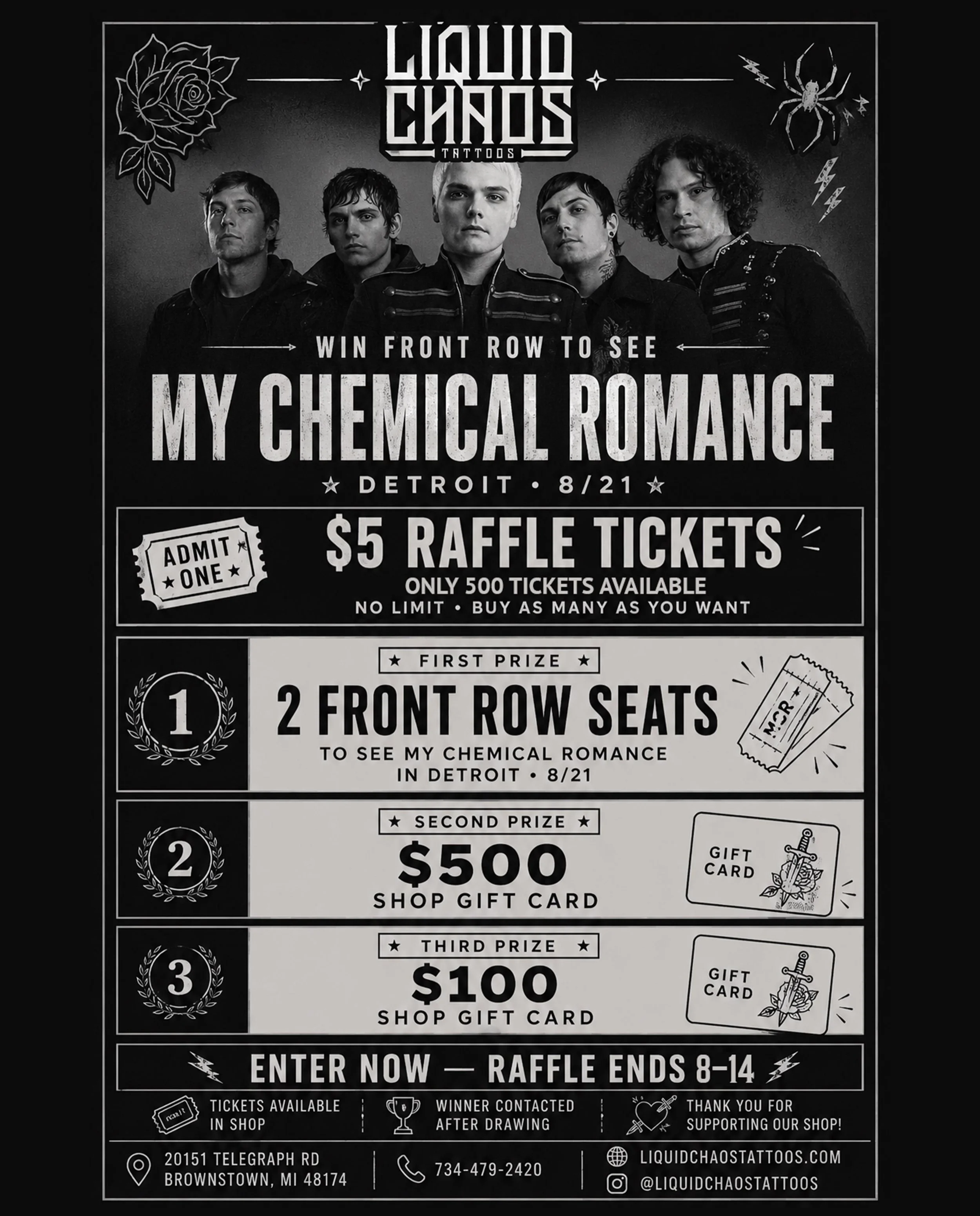 Want a chance to win some front row My Chemical Romance tickets? We&rsquo;ve got you covered. Raffle tickets are available at the shop until 8/14 or until supplies last. Didn&rsquo;t win the tickets? No problem, we have some gift cards up for grabs, 