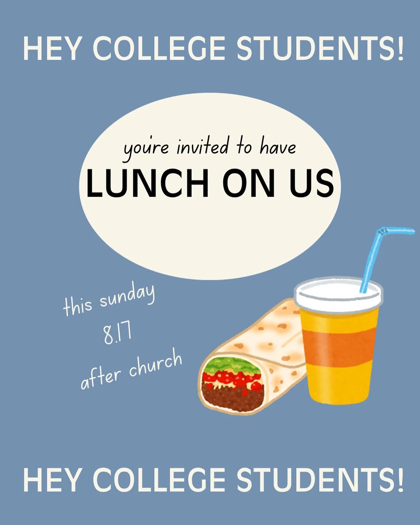 🎉 Hey college students! We&rsquo;d love to hang out with you this Sunday after church for a FREE lunch 🍽️🌯 Come meet new friends, enjoy good food, and connect with the RiverLife pastors. Bring your appetite &amp; we&rsquo;ll save you a seat! 🙌

#