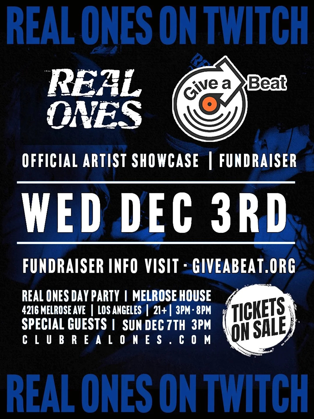 🚨 TWITCH POP UP!!! Real Ones x Give A Beat on Twitch 👾 Wednesday Dec 3rd. Check the schedule, download the @twitch app and join us to hear some dope DJs and learn more about @giveabeat. Link in bio for Sundays big event! 🎟️🍾🎉
