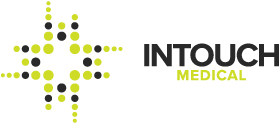 Logo of InTouch Medical with a green and black abstract geometric design.