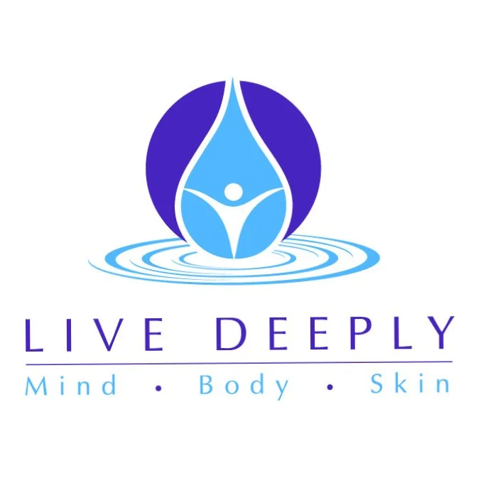 Logo for "Live Deeply" featuring a water droplet with a human figure inside, surrounded by ripples. Text below reads "Mind • Body • Skin."