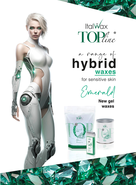 Futuristic female model promoting ItalWax TOPline hybrid waxes for sensitive skin with product images and text highlighting "Emerald" gel wax.
