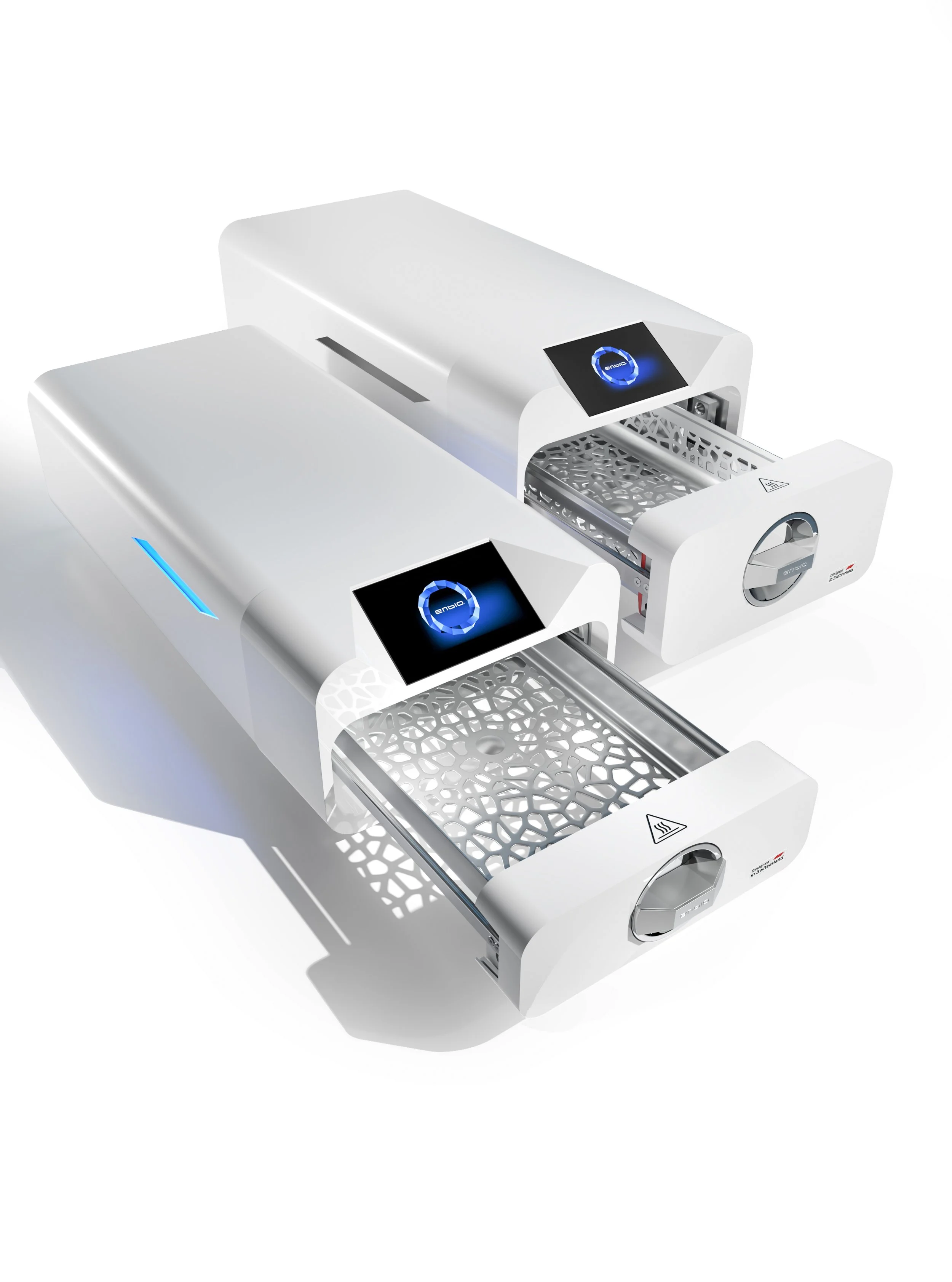 Two modern 3D printers with open trays, featuring sleek white designs and digital displays.