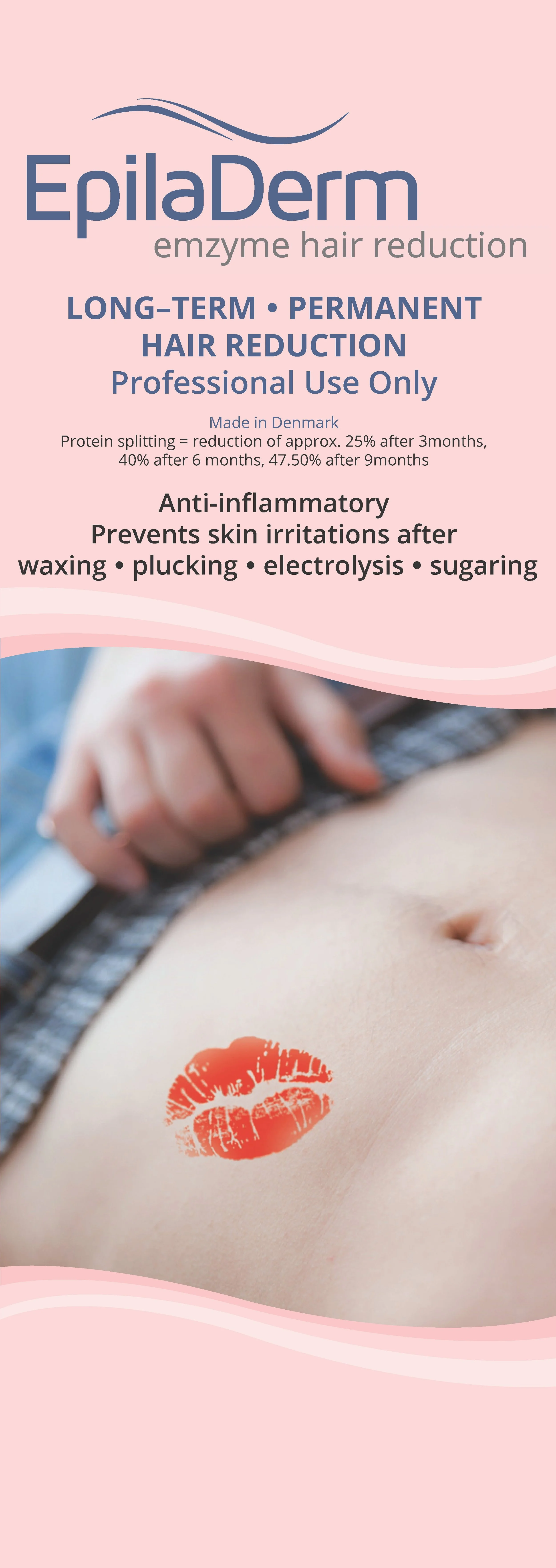 EpilaDerm enzyme hair reduction ad featuring product benefits, including long-term hair reduction, anti-inflammatory properties, and prevention of skin irritation. Shows abdomen with lipstick kiss mark.