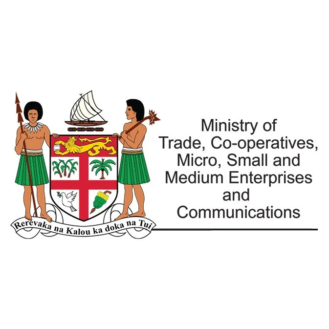 Fiji coat of arms with Ministry of Trade, Co-operatives, Micro, Small and Medium Enterprises and Communications text.