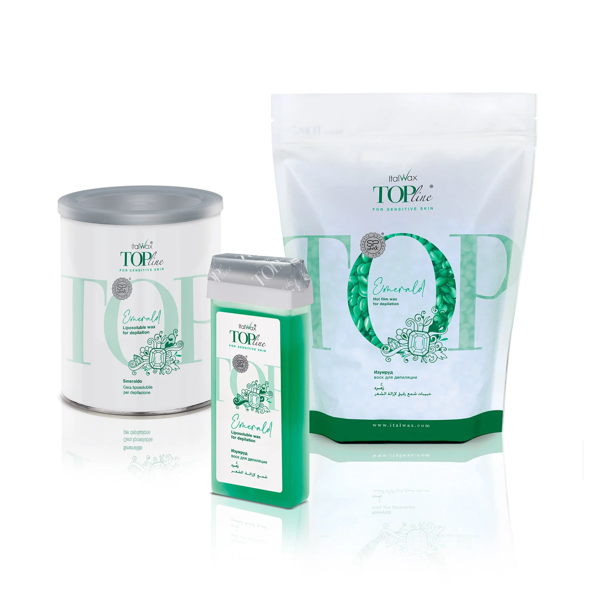 Italwax Top Line hair removal products featuring a wax can, roll-on cartridge, and a bag of hot film wax, all labeled 'Emerald' for sensitive skin.