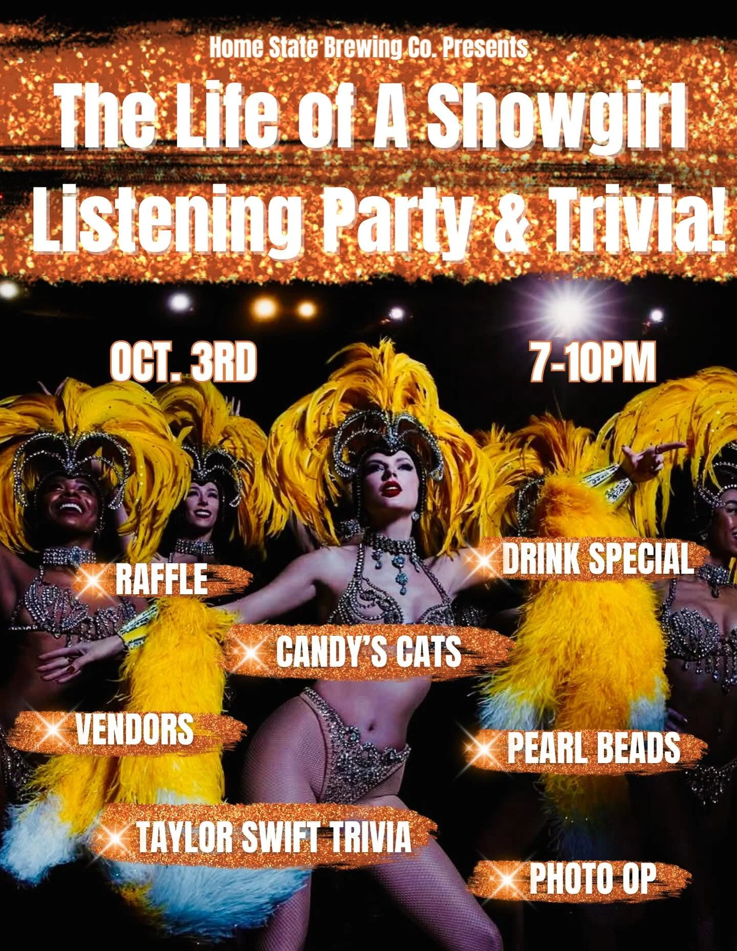 We&rsquo;re just days away from our Tay Tay Party! 🧡🩵

 Here&rsquo;s what&rsquo;s happening:

Friday, Oct 3rd &mdash; The Life of a Showgirl Listening Party + Taylor Trivia Night 🎤🐍

Schedule:
🐱 6PM &mdash; Shop local vendors
📀 7PM &mdash; Full