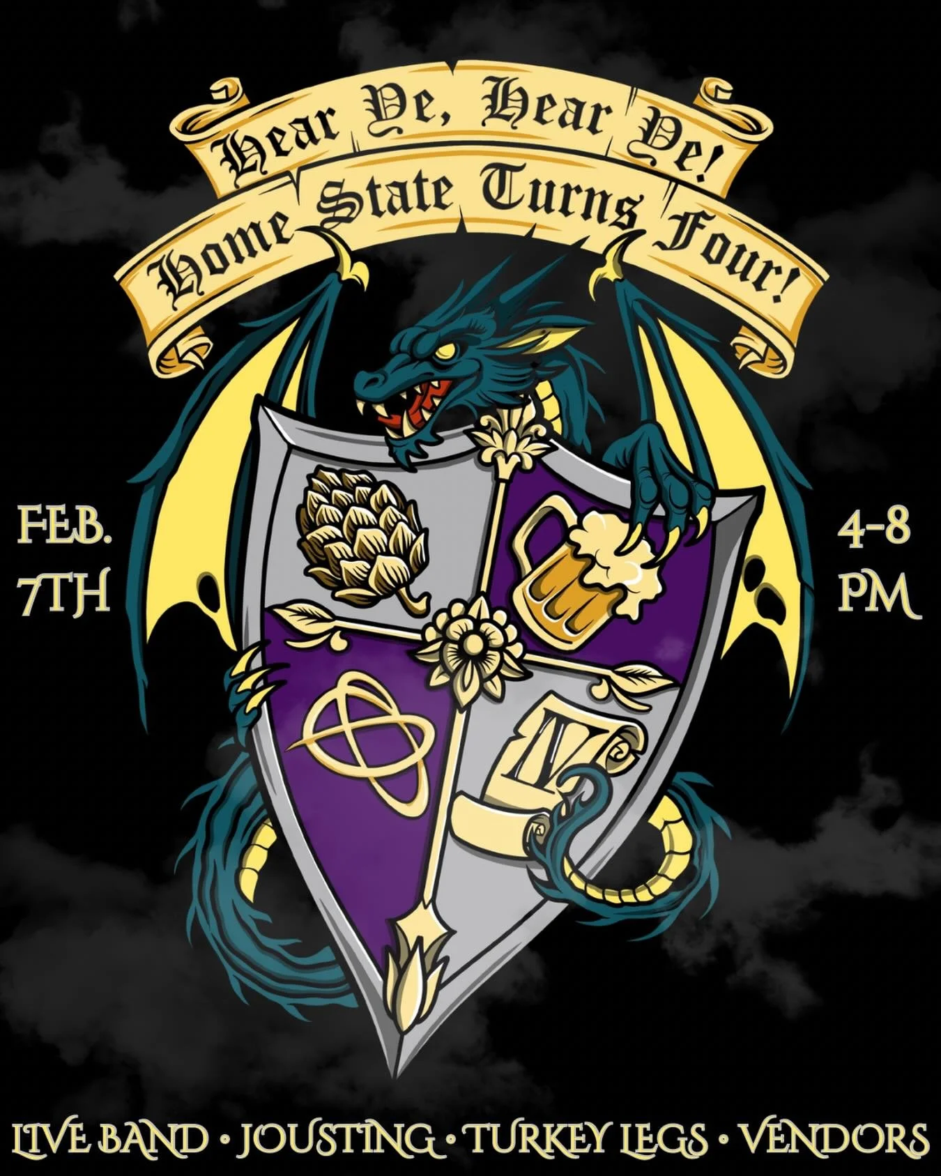 Hear ye, hear ye! 📯 Home State turns IV! 

On Saturday, February 7th | 4&ndash;8PM, we summon thee to revel in our Renaissance Faire Birthday Bash &mdash; a night of merriment, mayhem, &amp; mighty pours! 🍻⚔️

The festivities shall include:
📯 Celt