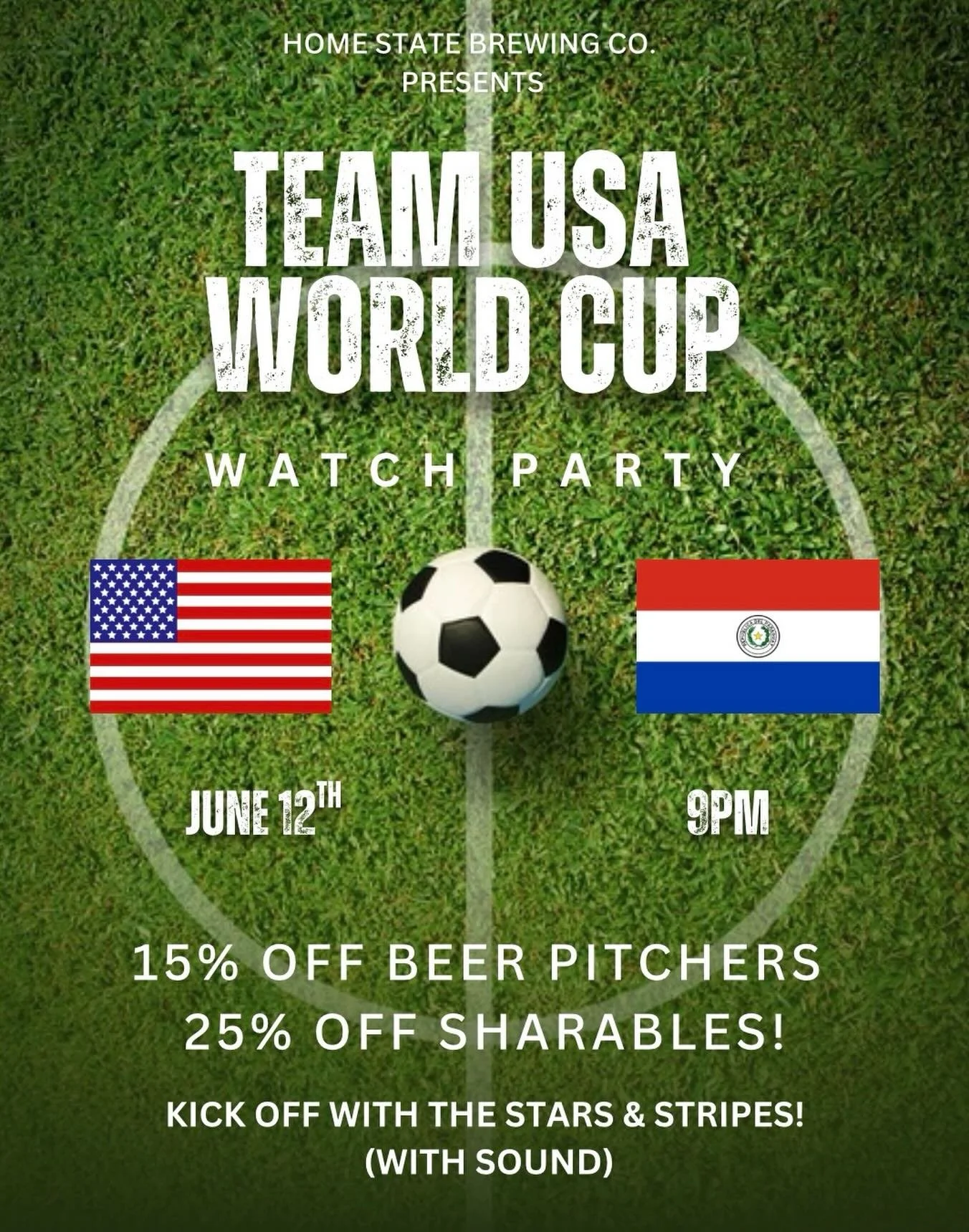 TEAM USA WATCH PARTY 🇺🇸⚽️

The Stars and Stripes take on Paraguay this Friday at 9PM, and we&rsquo;ll have the game on w/ sound! 🔊🍻

⭐ Specials starting at 8:30PM:
🍺 15% off HSB Core Beer Pitchers
🍴 25% off Sharables

Throw on your red, white, 